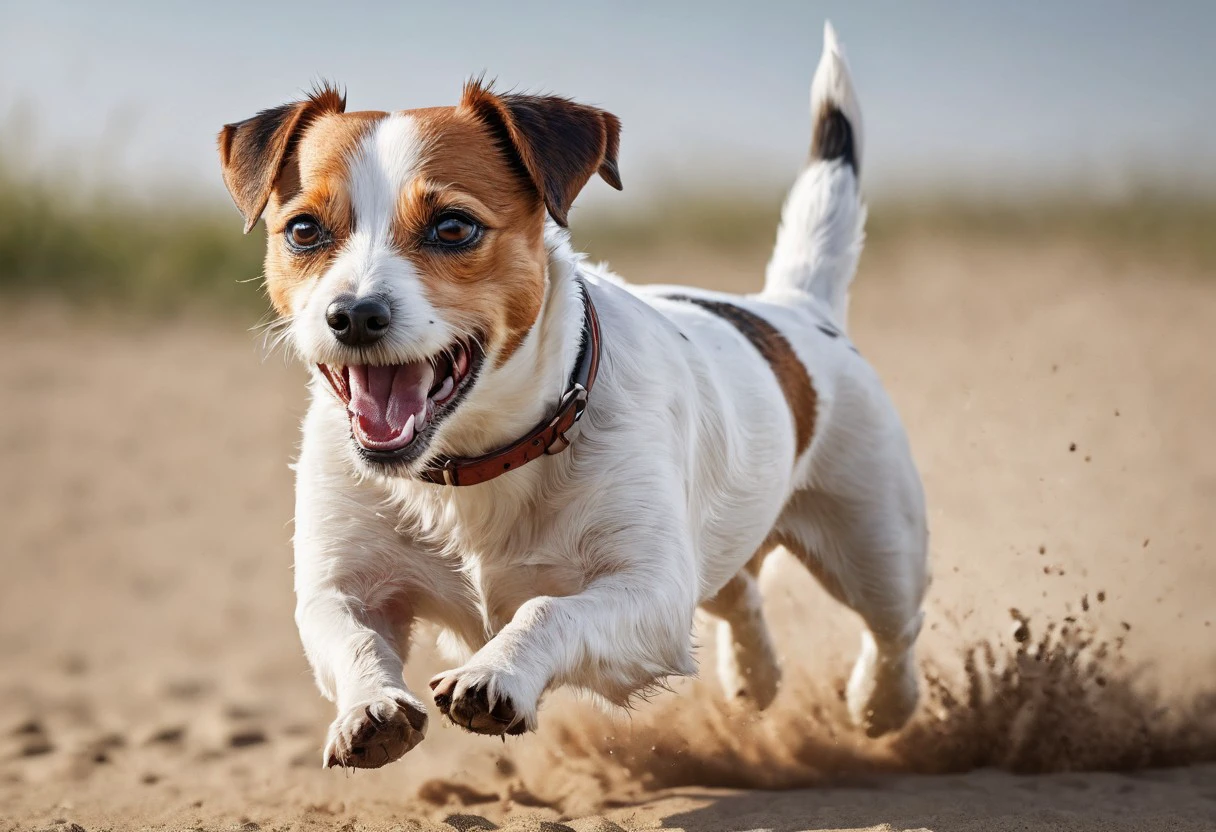 super realistic image ultra quality and super high resolution and sharp focus,photorealistic style of Jack Russell breed dog dynamic pose,aggressive behavior,growling,attacking pose