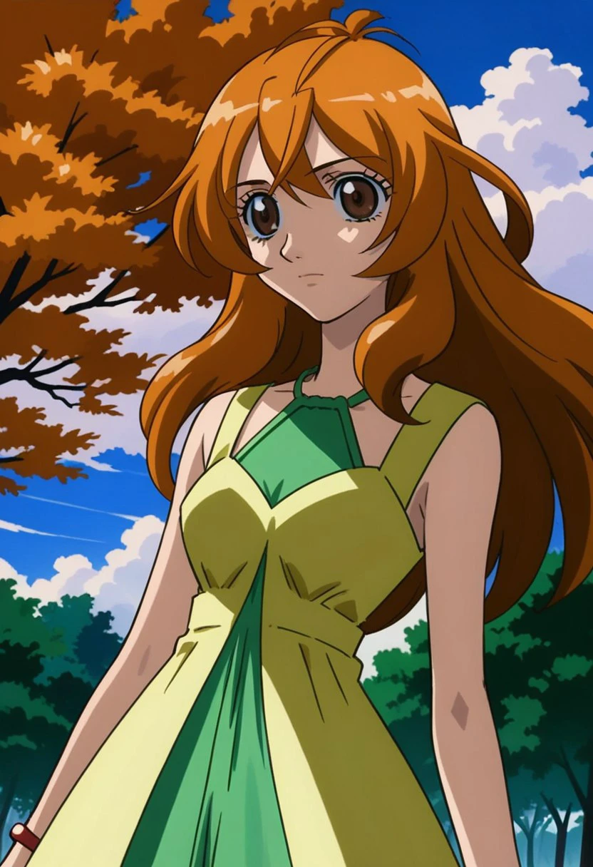 score 9, score 8 up, score 7 up, masterpiece_portrait, high quality, anime coloring, bakugan, alice gehabich, 1girl, solo, long hair, dress, brown eyes, tree, brown hair, day, sky, cloud, orange hair, jewelry