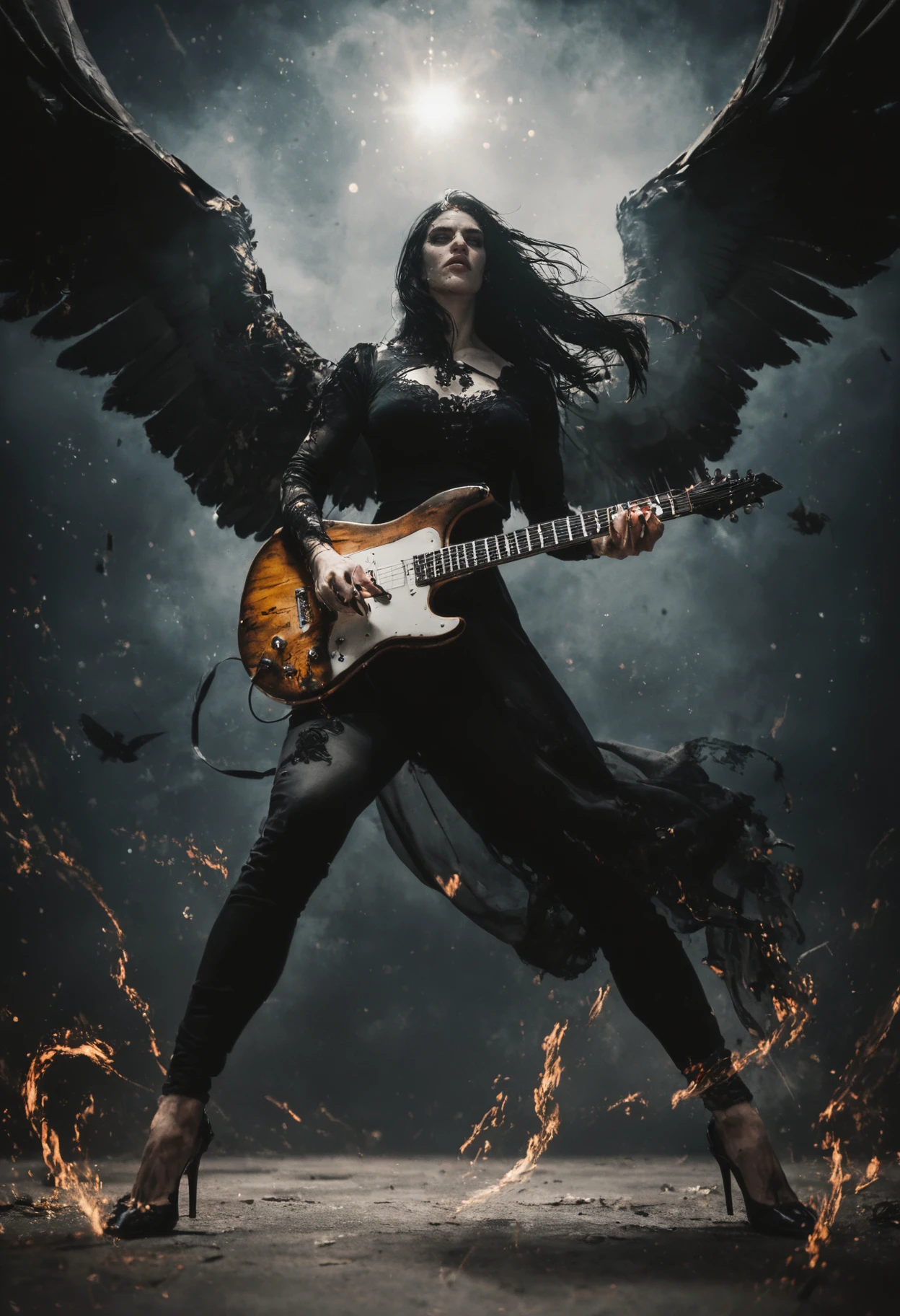 score_9, score_8_up, score_7_up, 1girl, archangel,  pale skin, black long hair,  claws, canines, majestic  black raven wings, feathered wings, stiletto heels, black roses, (sparks:0.3),  photography, cinematic, bokeh, dark background, front view from below, (dynamic pose, action:0.8), playing on electric guitar, metal