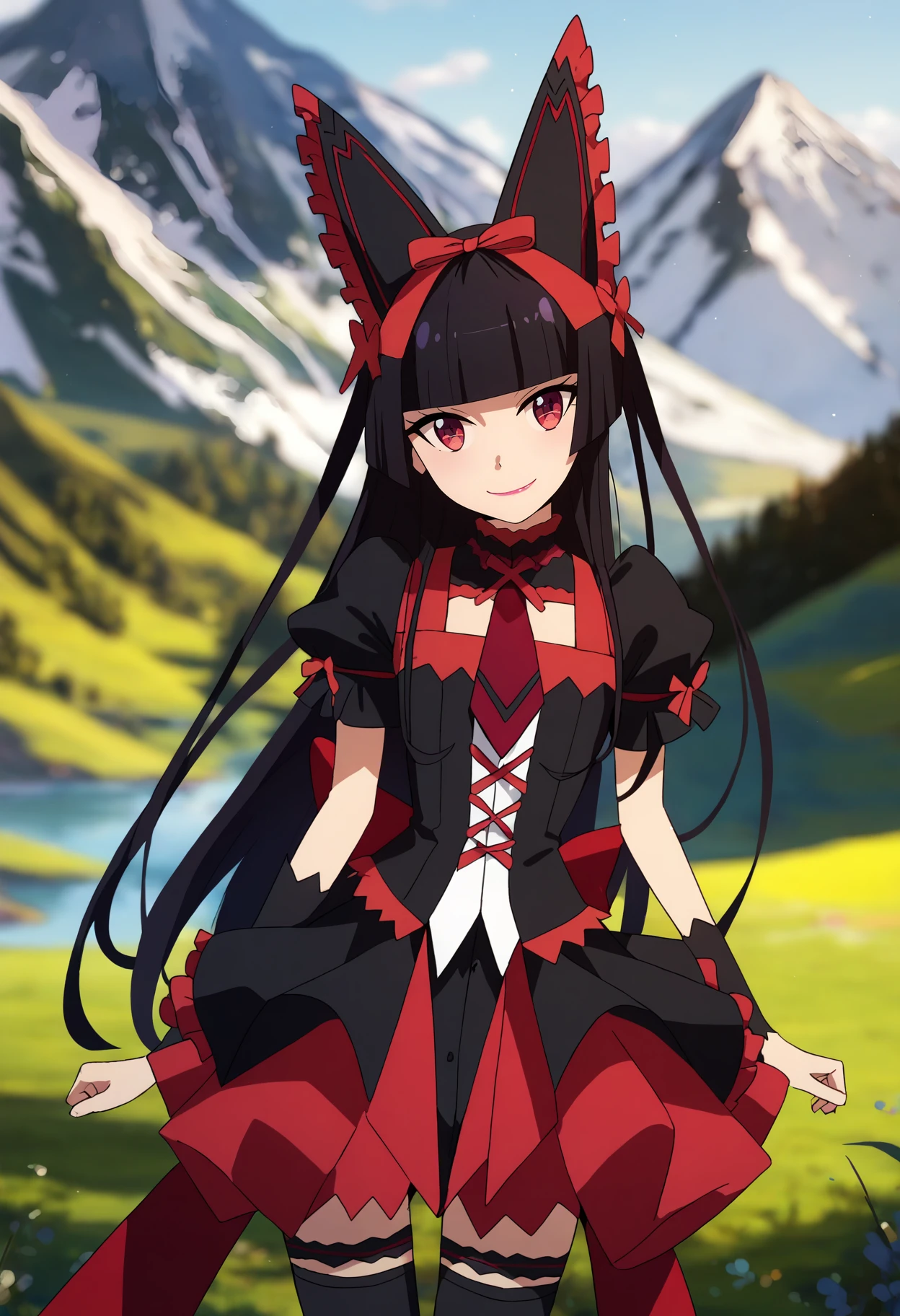 score_7_up, 
<lora:GATE_RoryMercuryXL:0.9>, RoryMercury,
1girl, closed mouth, light smile,
long hair, black hair, red eyes, hime cut, blunt bangs, lipstick, hair bow,
multicolored dress, black dress, red dress, puffy short sleeves, red necktie, black thighhighs, arm warmers,
standing, cowboy shot, looking at viewer, arms at sides,
blurry background, outdoors, mountains, scenery