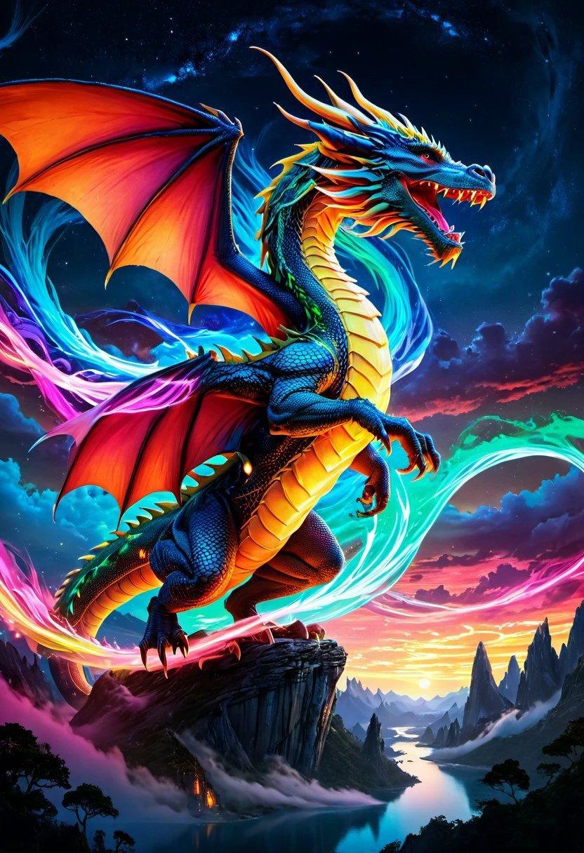 flat art, surreal, ImgFixerPre0.3, dragon floating in the sky, colorful lights streak across the sky creating fantastical imagery. fantastical scenes that blends wonder with imagination. Colorful light show, thick lines, line art, flat art, enhanced background, creative, beautiful, vibrant, masterpiece, 8k, Ultra HD, amazing details, amazing quality, amazing artist, sharp edges, detailed textures, full view, atmospheric lighting, amazing visuals