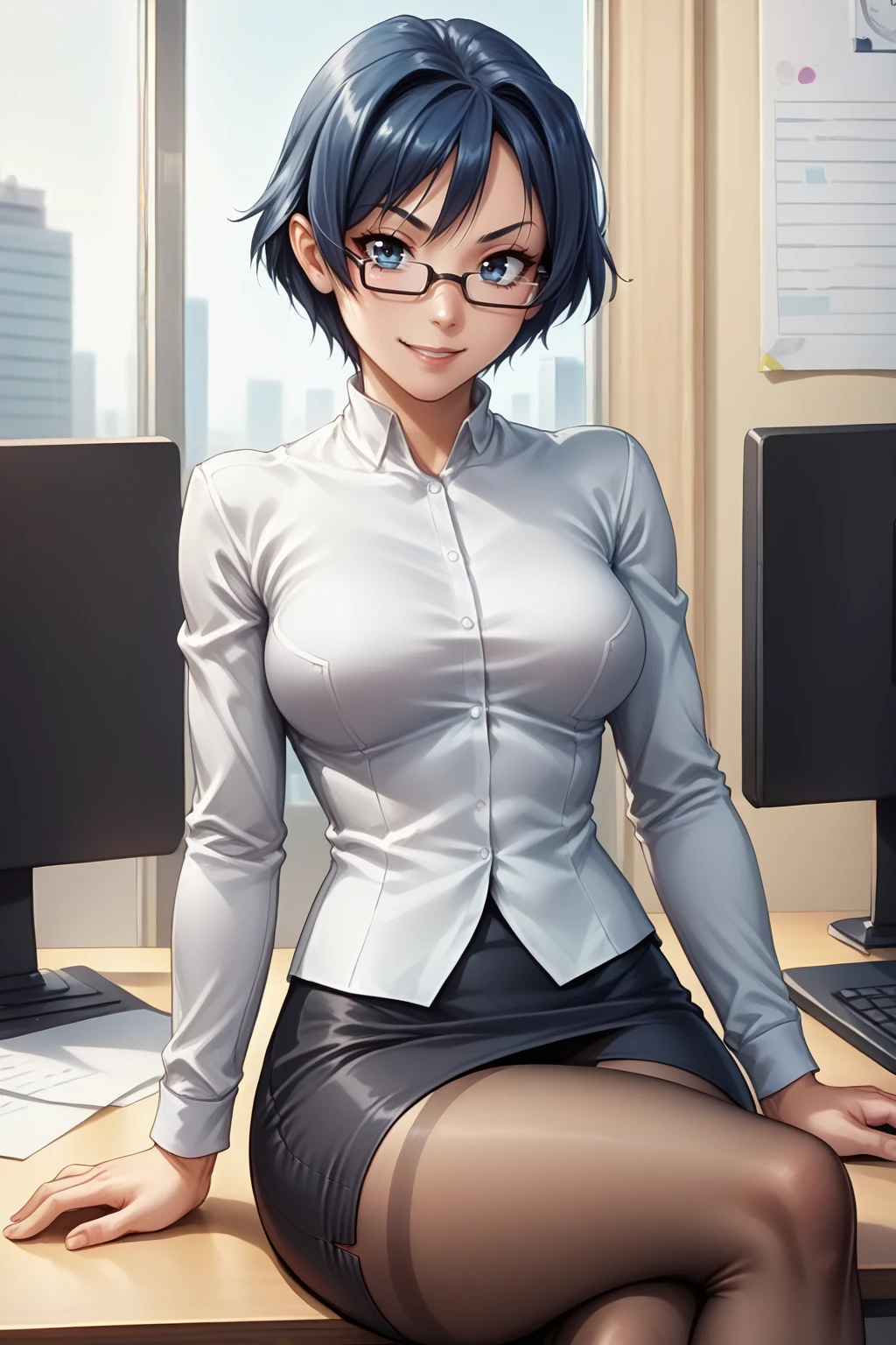 score_9, score_8_up BREAK  <lora:NSShizuneKatawa:1> NSShizuneKatawa, short hair, dark blue hair, glasses, office lady, black pantyhose, sitting, office, crossed legs, seductive smile, shirt, pencil skirt, computer, hand on eyewear