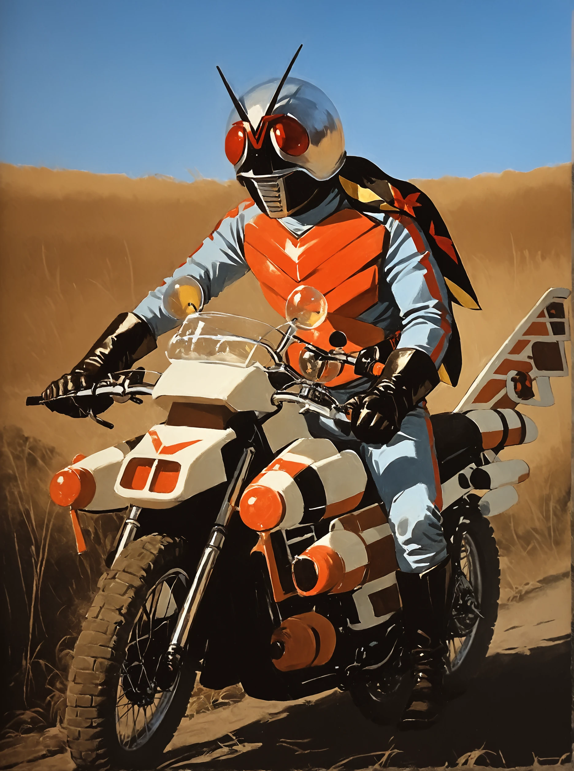 score_9, score_8_up, score_7_up, masterpiece, source_realistic, kamen rider, motorcycle, ground vehicle, motor vehicle, 1boy, male focus, helmet, solo, antennae, gloves, kamen rider, motorcycle, ground vehicle, motor vehicle, 1boy, male focus, helmet, solo, antennae, gloves, kamen rider, motorcycle, ground vehicle, motor vehicle, 1boy, male focus, helmet, solo, antennae, gloves,  outdoor, <lora:sn0wStyle:1> <lora:HKHorrorXL:1>,   <lora:Kamen_rider_X_1974:1>