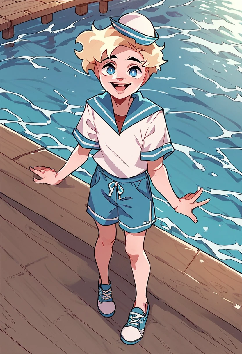 score_9, score_8_up, score_7_up, 1boy, blonde hair, blue eyes, blue sailor collar, sailor hat, shirt, short hair, solo, white shirt, blue shorts, looking at viewer, happy, pier, sea background, full body, <lora:Sailor_VladikVK_stikerÐÐ°ÑÑÐ¾Ñ_ÐÐ»Ð°Ð´Ð¸Ðº:1>