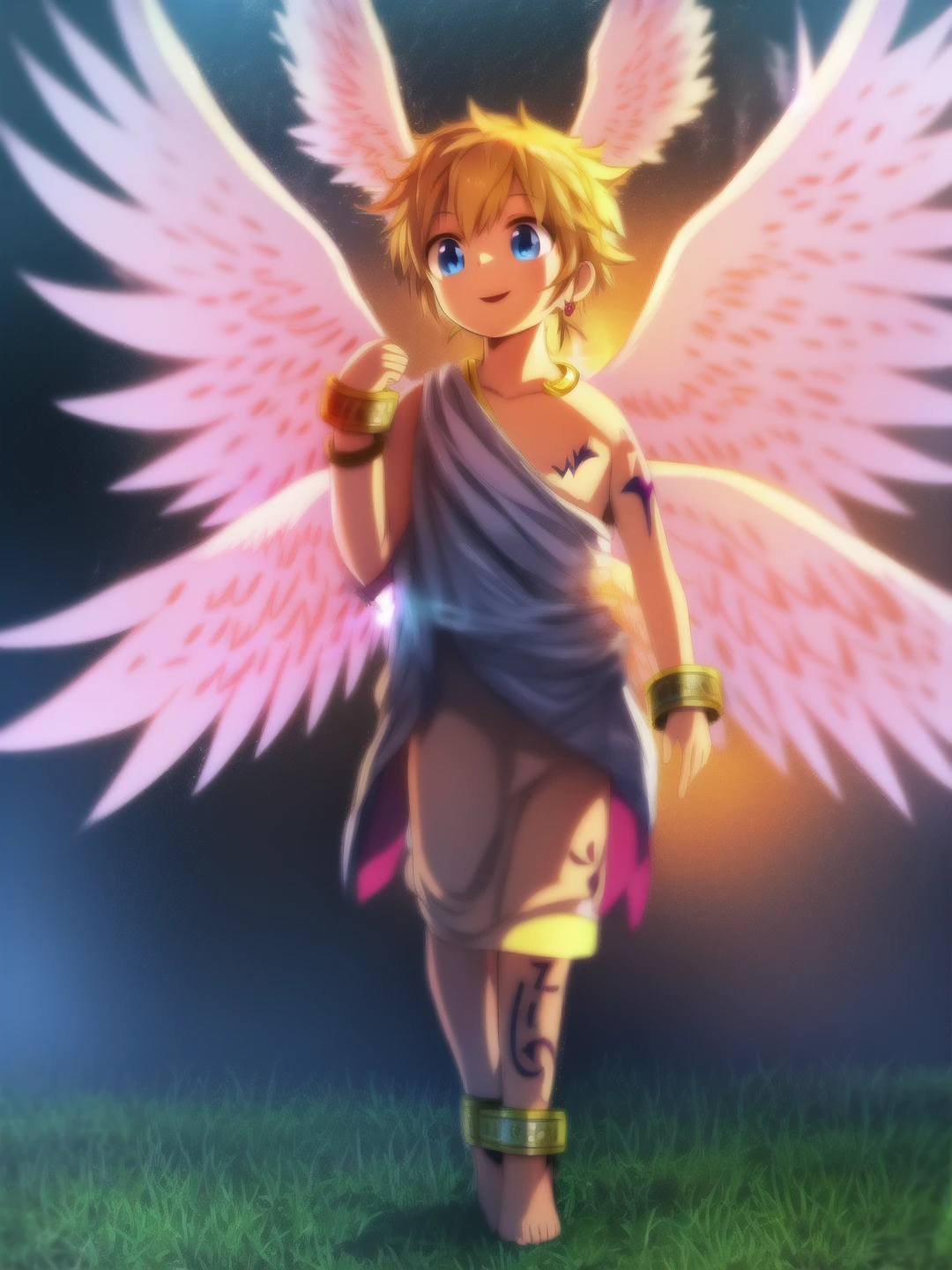 A boy walks in the woods,the sun is shining,and the boy has a happy expression on his face,(masterpiece:1.2),best quality,masterpiece,highres,original,extremely detailed wallpaper,perfect lighting,(extremely detailed CG:1.2),<lora:feilong:1>,
wings, blonde hair, multiple wings, 1boy, male focus, blue eyes, tattoo, jewelry, angel wings, anklet, barefoot, white background, bracelet, short hair