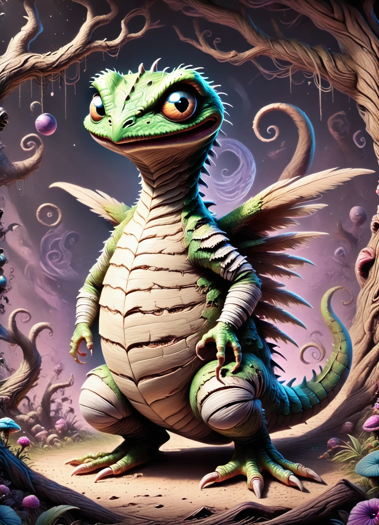 DonM7w1573dW0nd3rl4ndXL, score_9, score_8_up, score_7_up, score_6_up, tiny gargantuan extraterrestrial gritty amphibian existence, 1 leg multipedal, digitigrade appendages, trifurcated-tailed, bushy-tailed, spiky scales, tufted ears, feathered wings, , rating_safe <lora:DonM7w1573dW0nd3rl4ndXL-pony-000008:1>