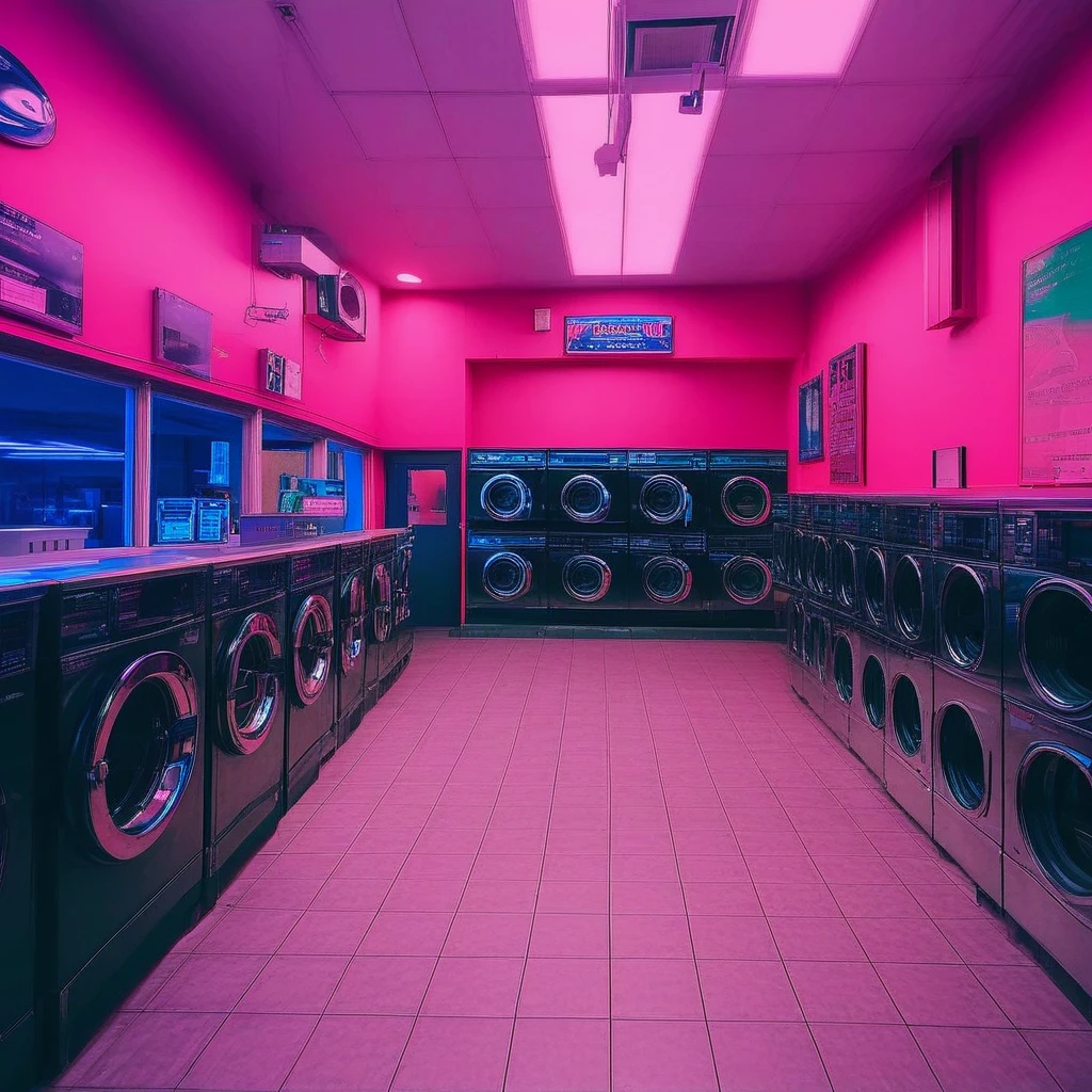 end_synth_tn100, no humans, laundromat, restaurant, chair, scenery, indoors, speaker, stool, table, television, synthwave, vaporwave, gradient overlay, neon aesthetic, retrowave, punkwave, cyberpunk, best quality, masterpiece