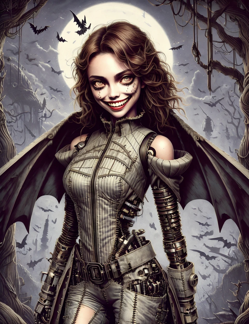 DonM7w1573dW0nd3rl4nd, tailored upper body clothing, robotic synthetics, dreamwood, batwing sleeves, asymmetrical hemline, natural waist, zipper fly,,illustration,light wash,,cargo pockets,,stitching details, <lora:DonM7w1573dW0nd3rl4nd-000008:1>