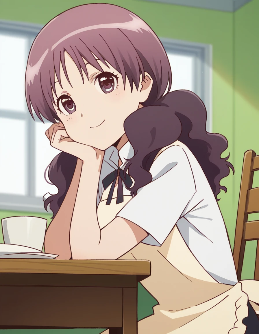 score_9, score_8_up, score_7_up, source_anime, <lora:shiho-kamakura-s1-ponyxl-lora-nochekaiser:1>, shiho kamakura, long hair, twintails, purple hair, purple eyes,, apron, waitress,, indoors, smile, looking at viewer, solo, sitting, head rest, table,, cowboy shot, dutch angle