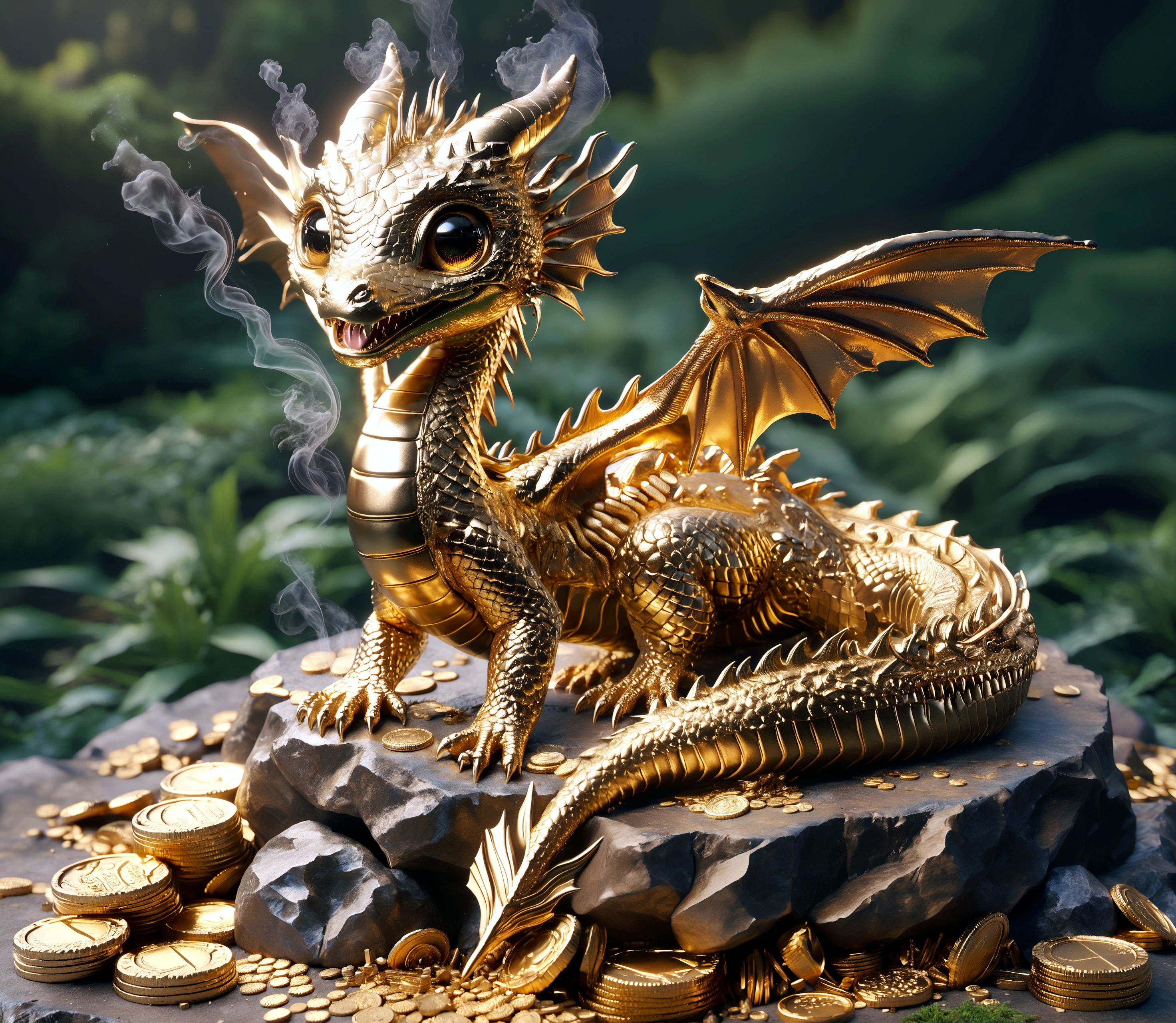 score_9, score_8_up, score_7_up,

60ld, 3d, a little cute sitting dragon made entirely of gold, solo, big eyes, (wings:1.0), laugh, detailed eyes, (smoke:0.9), (cute:1.1), sweet, nice, sits on a mound of gold coins,

rock, outdoor,

from above, from slightly side, detailed light, sunlight, shadow, colorful, vibrant colors, high details, stunning photorealistic background, 16k, masterpiece, award winning photo, 