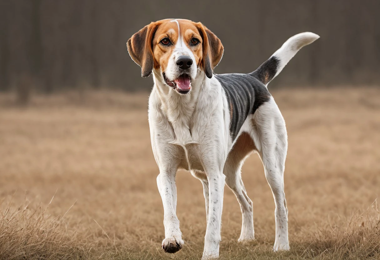 super realistic image ultra quality and super high resolution and sharp focus, photorealistic style of English Foxhound breed dog dynamic pose,