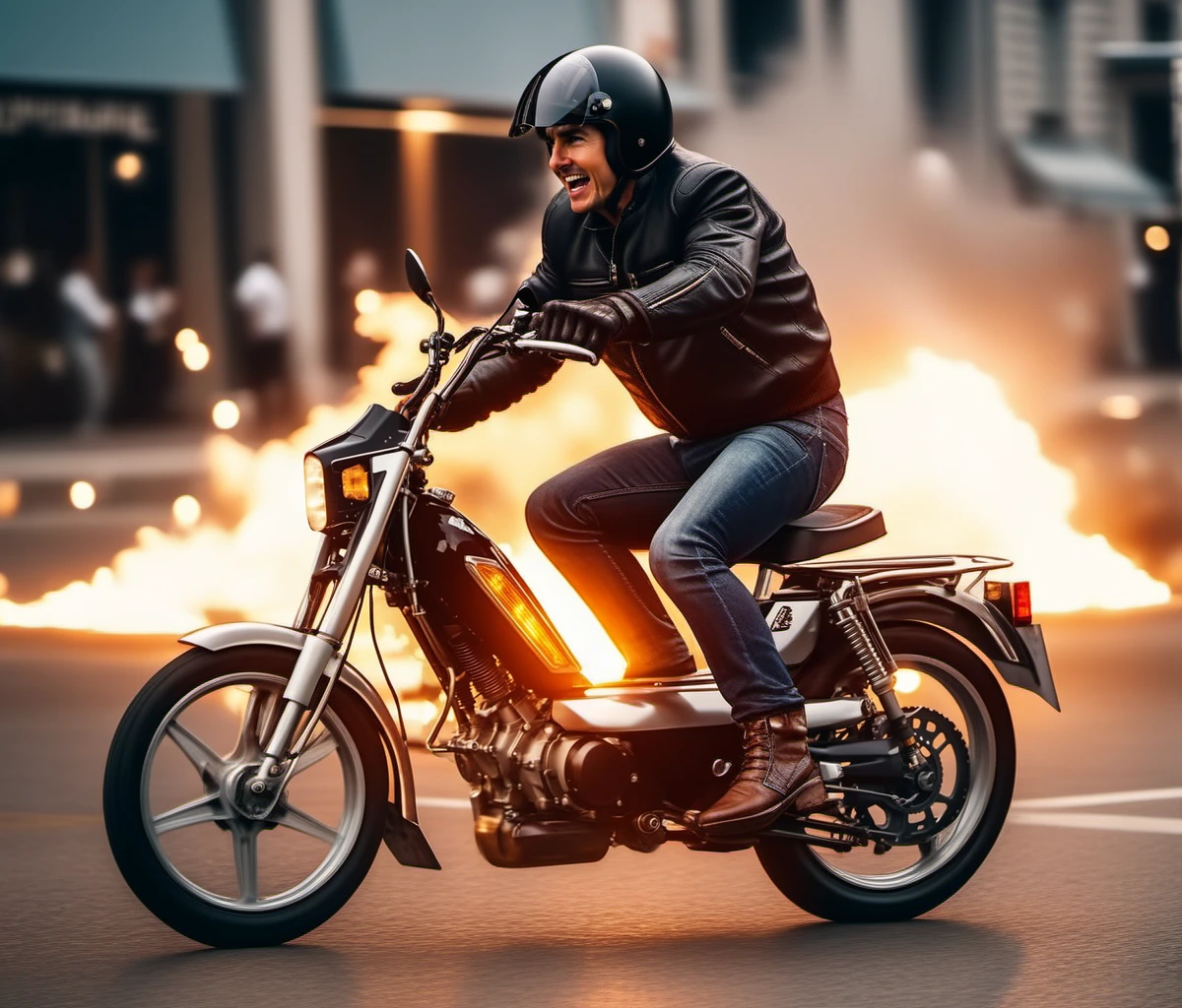 cinematic photo Tom Cruise is riding a motorcycle, motor vehicle, ground vehicle, stunts, flames, explosions, lightnings, sparkles <lora:103-1024:0.9> . 35mm photograph, film, bokeh, professional, 4k, highly detailed