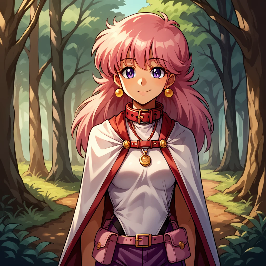 score_9, score_8_up, score_7_up, score_6_up, BREAK source_anime,Absurdres, 1girl, solo, upper body, forest, smile, KRSillPlain, cape, collar, earrings, pink pouch, purple leggings, standing,<lora:KRSillPlain_SDXL-000005:1>