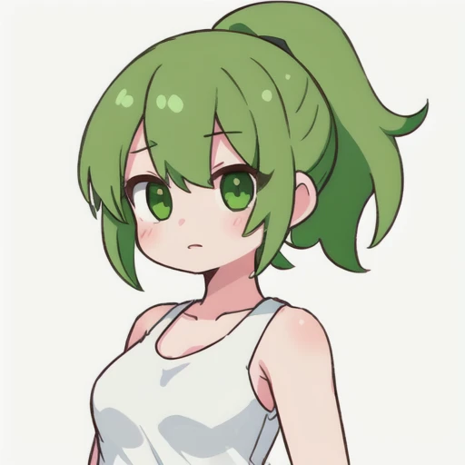 1girl, short green hair, ponytail, white tanktop, jitome, 
<lora:minus8styleA:0.5>  <lora:FlatRule34Style:0.5> <lora:FlatRule34StyleA:0.2>
white background,