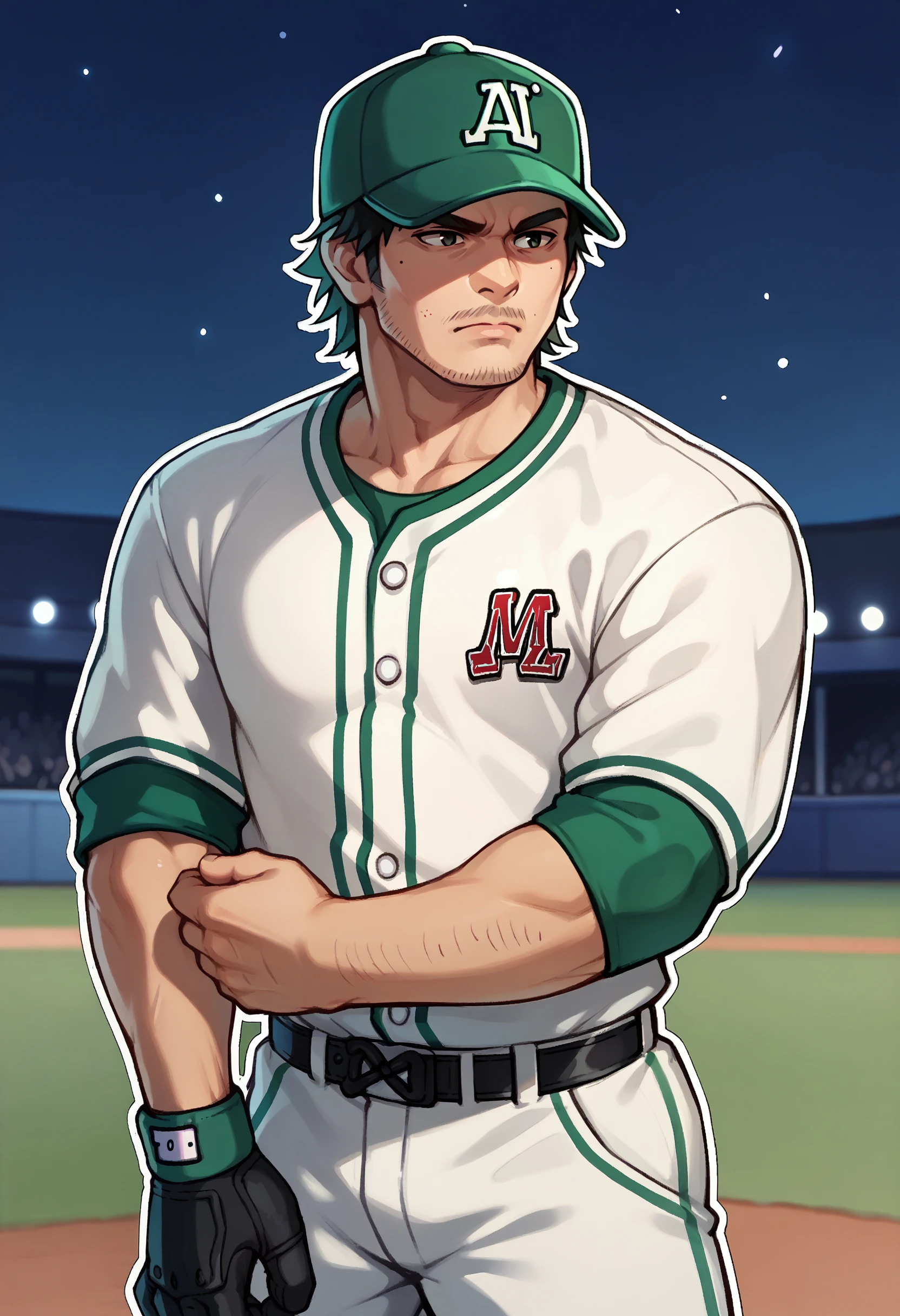 score_9, score_8_up, score_7_up, <lora:tatsuoshinada-guy-PONY-LyCORIS-v1:.9>, tatsuoshinada, 1boy, solo, facial hair, stubble, baseball uniform, baseball field, night, depth of field, outline, green headwear