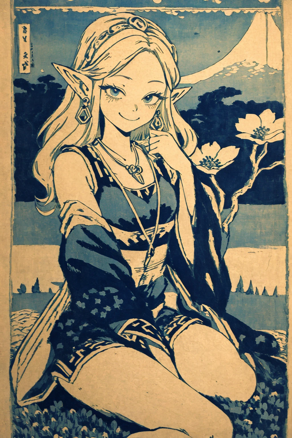 (((woodcut))), masterpiece, ultra-detailed, best quality, illustration, 8k cg wallpaper, an extremely delicate and beautiful, 1girl, Princess Zelda /(The Legend of Zelda/), solo, perfect anatomy, cute face, smiling, blushing, shining eyes, deep blue eyes, beautiful detailed eyes, blonde hair, long hair, sidelocks, cute circlet, cute earrings, cute necklace, perfect arms, perfect legs, cute, pretty, beautiful, sexy, perfect body, (background: flowery field, grass, trees, flowers, ruins, intricately detailed items in background), <lora:Fuji:1>