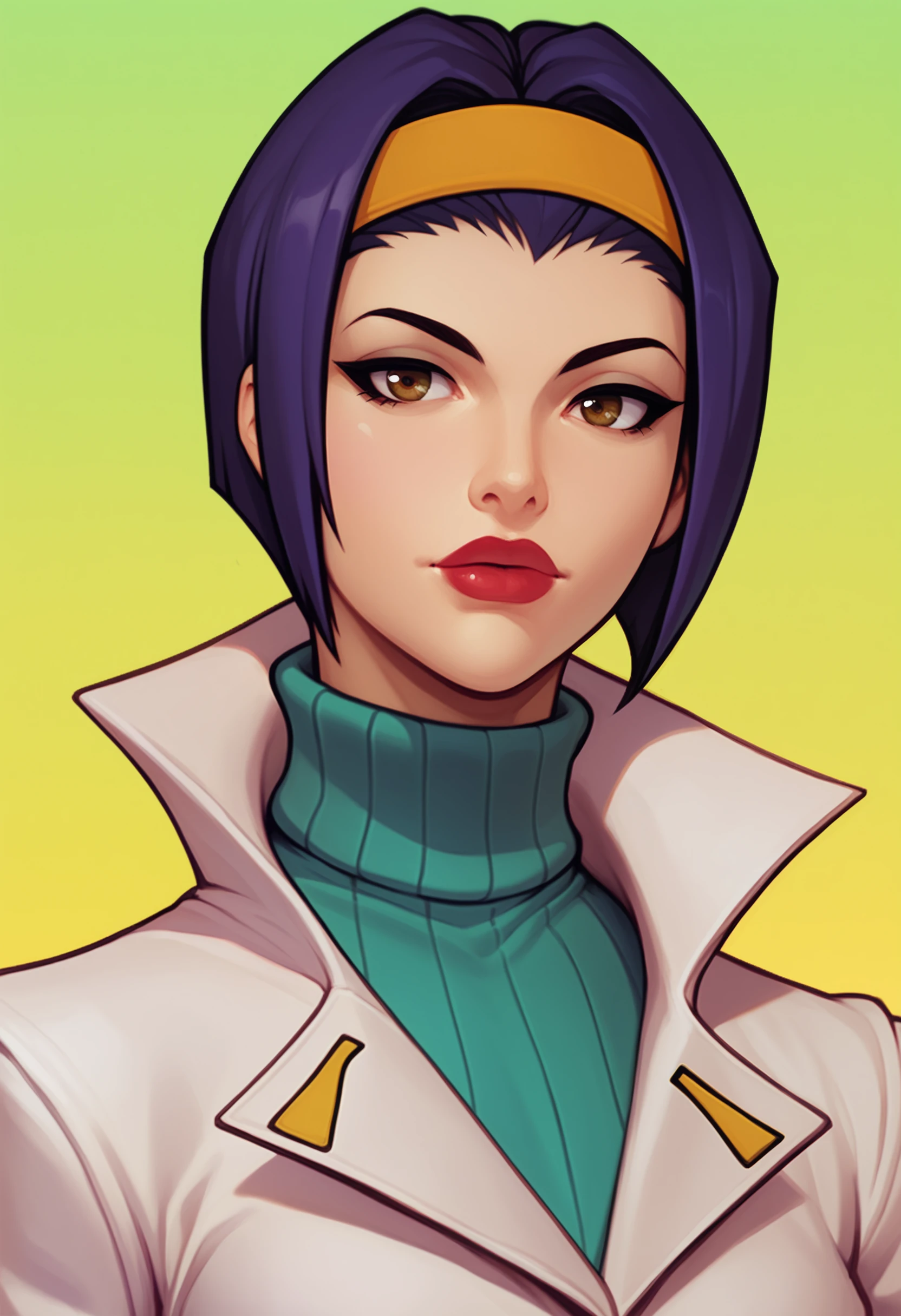 score_9, score_7_up <lora:warlockandboobs-guy-PONY-DORAv2:1>, 1girl, solo, (faye valentine):0.8, sweater, portrait