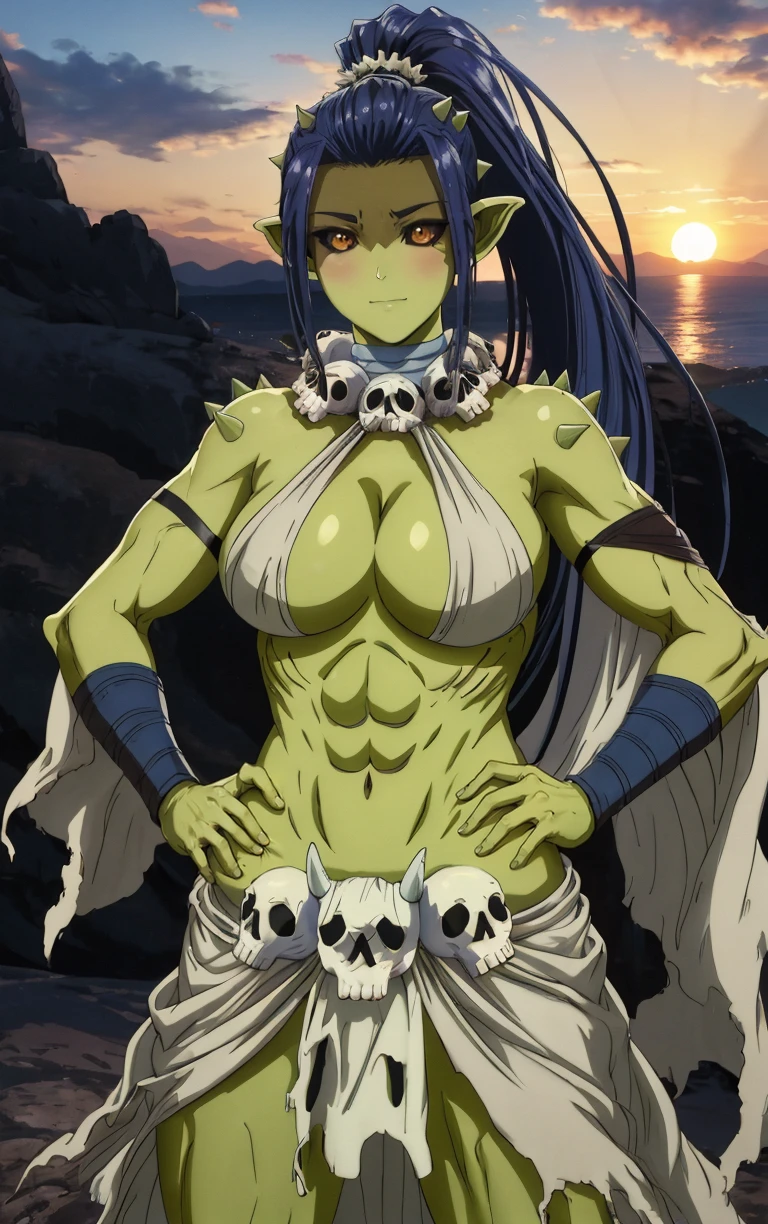 (masterpiece, best quality:1.4), insaneres, absurdres, solo, looking at viewer,BREAK 
MainOutfit_GobukoNggiell_ownwaifu, 
1girl, monster girl, blue hair, green skin, hair pulled back, horns, orc, ponytail holder, skull collar, pointy ears, colored skin, ponytail, jewelry, colored sclera, yellow eyes, skull, long hair, spikes, large breasts, skull necklace, abs, high ponytail, hair ornament, makeup, 
white bikini, loincloth, cleavage, muscular female, navel, toned, wrist wrap, bare shoulders, tribal, bandages, bracer, white dress
(contrapposto, hand on hip), sunset, sidelighting, outdoors, <lora:ANIME_PeterGrill_GobukoNggiell_ownwaifu:1> , depth of field