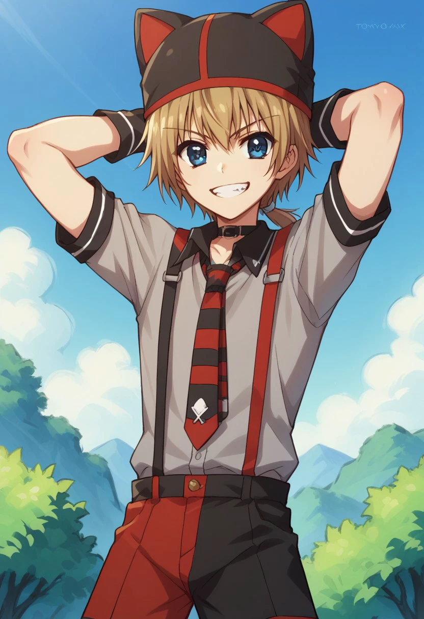 score_9, score_8_up, score_7_up, source_anime, highly detailed, 
 jironezu, 1boy, male focus, solo, blue eyes, hat, smile, upper body, shorts, suspenders,
blonde hair, necktie, striped, hands behind head, grin, looking at viewer, animal hat, ponytail
outdoor,