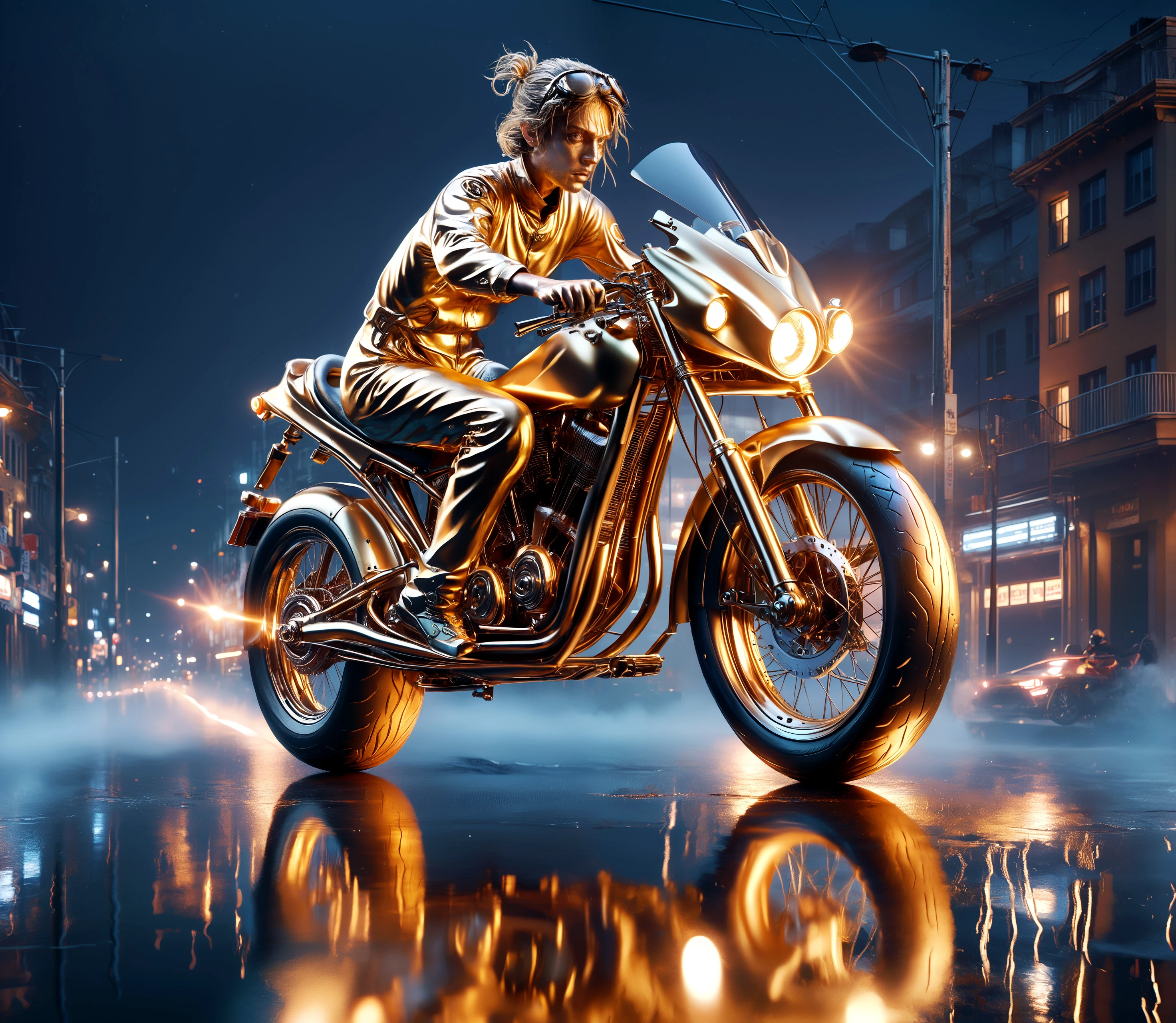 score_9, score_8_up, score_7_up,

60ld, High-speed action shot of one motorcycle is made entirely of gold and exhaust flamming gases, spinning tires, a fast shutter speed of 1/1000s, freezing a moving subject, sharp detail, 

wet street, (reflection:1.1), underbody neon glow, (night:1.1),