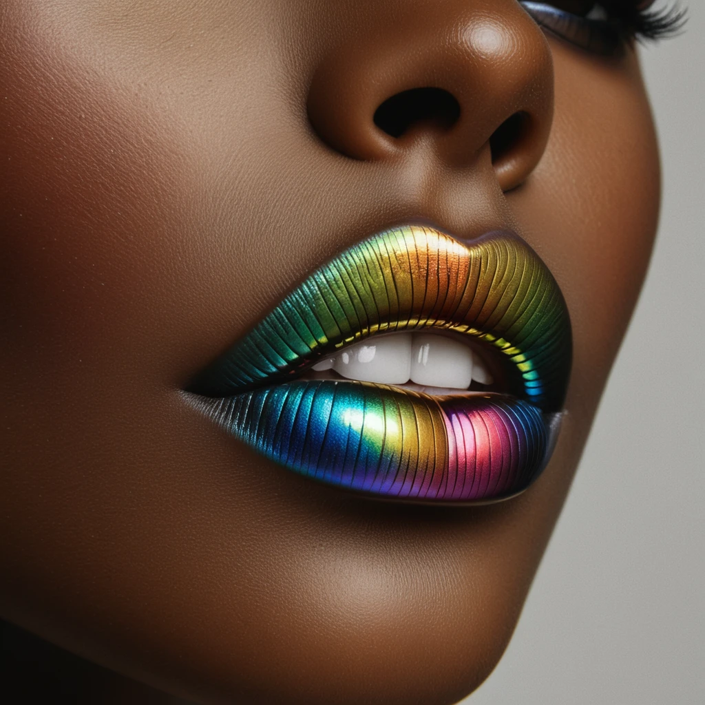 cinematic film still, close up, a mouth of a black woman with ((iridescent rainbow lipstick only on lips)), beautiful white shiny teeth, ((without beard, without moustache, no beard, no moustache)), high fashion editorial, amazing quality, wallpaper, perfect face skin, photo, realistic, photorealism, hyperrealist, full and well-defined lips, glossy finish, luxurious and glamorous appearance, simple and neutral background