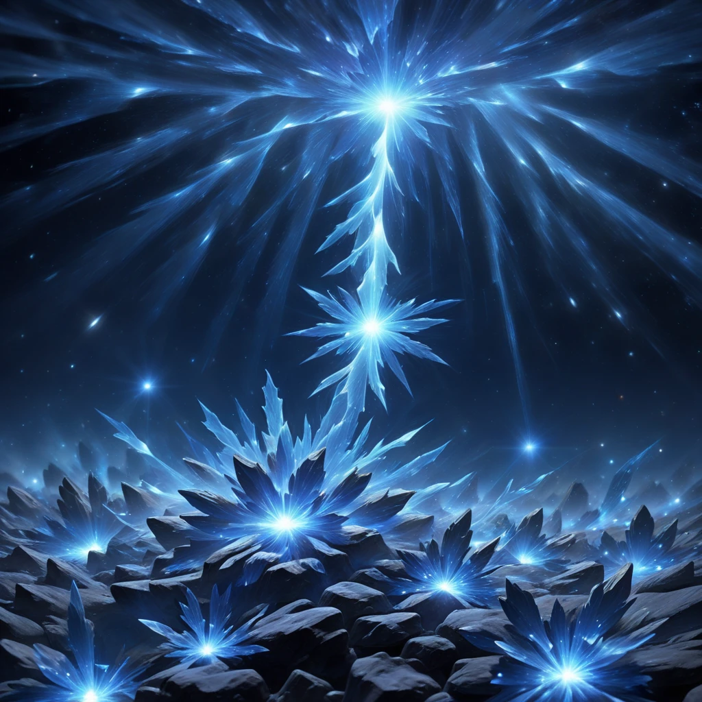 glowing, starry sky, blue lights, scenery, sky, crystal, cloud, flower, stars, rock, light particles, outdoors, dark, space, lights, light, star (sky), night, night sky, still life, fireworks, magic, fantasy, aerial fireworks, lightning, blue flower, blue, simple background, blurry