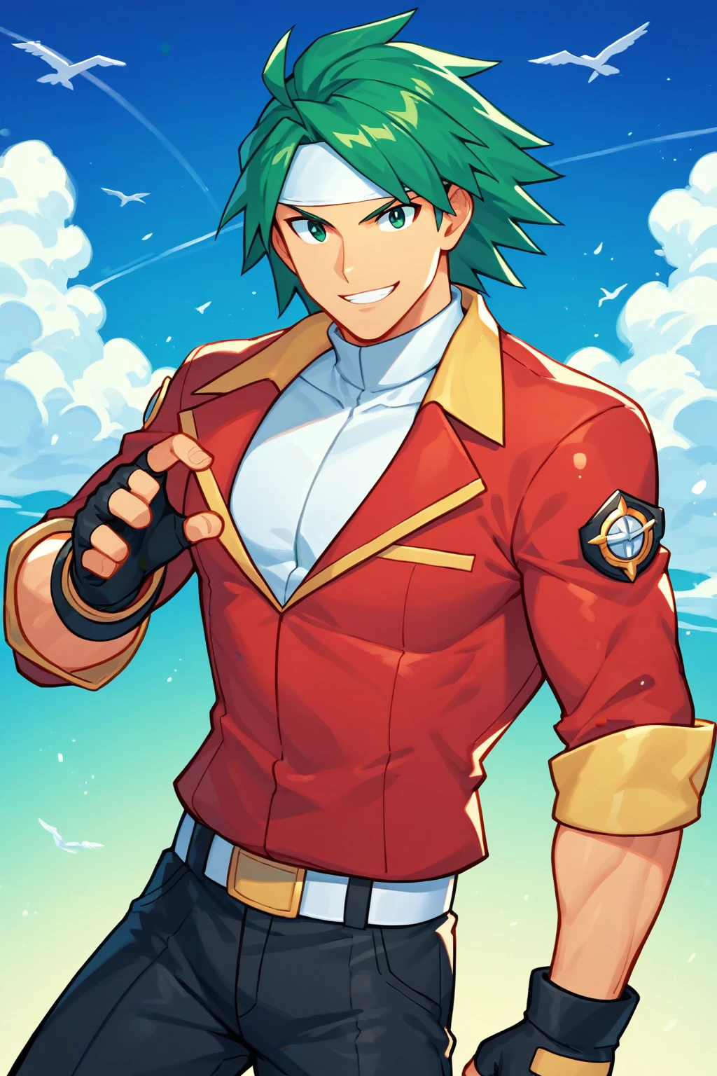 (score_9, score_8_up:1.1), score_7_up, high res image, spenserranger, man, solo, adult, tall, toned body, green hair, laid back hair, medium hair, white headband, green eyes, red jacket, short jacket, black pants, white belt, fingerless gloves, smile, cool pose, sky background, clouds, looking at viewer