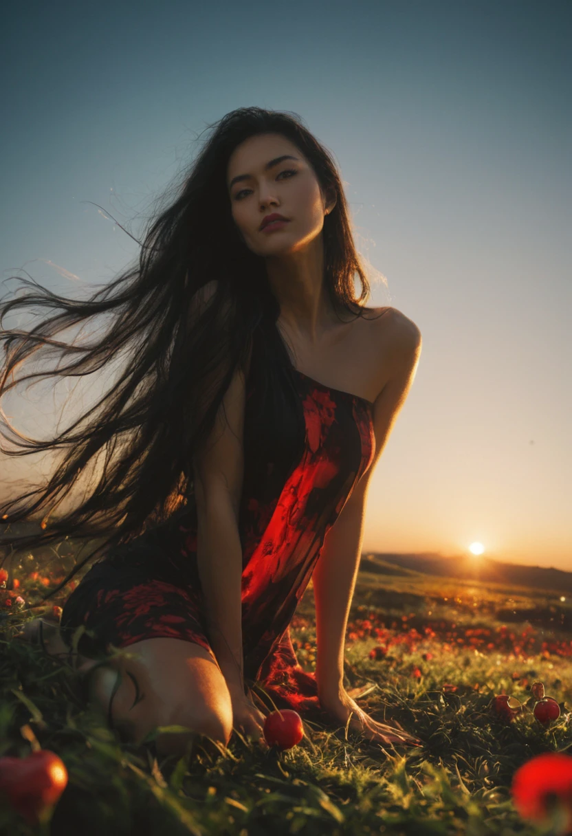 score_9, score_8_up, score_7_up, Expressiveh,
1asian girl, fit curve body, perfect face, long legs, semi realistic, long black hair, long straight hair, very long hair, disney style, black nail polish
grass plain, outside, japan setting, blooming cherries, daylight, afternoon, golden sky, sky in background, bright and vibrant, colorful, dramatic angle, unique perspective, cinematic lighting, wide angle, volumetric lighting, colorful lighting,