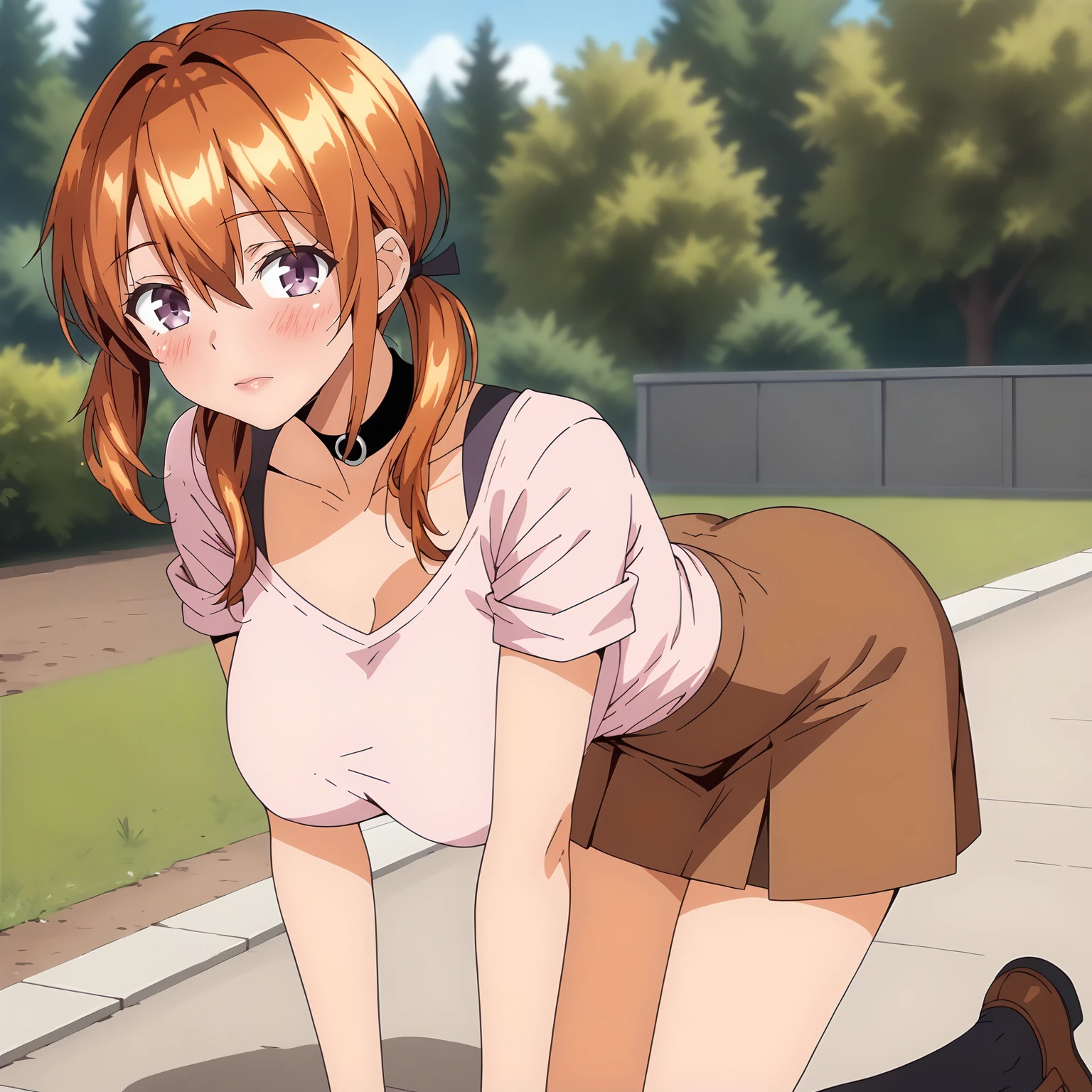 <lora:TomuStyle:0.8>, tomustyle, nsfw, 1girl, hetero, 1boy, sex, clothed sex, open mouth, grass, solo focus, clothes pull, outdoors, tree, large breasts, penis, <lora:makimaChainsawMan_offset:1>, makima \(chainsaw man\), red hair, long braided hair, golden eyes, bangs, white shirt, necktie, black necktie, , braid, braided ponytail, glowing eyes,