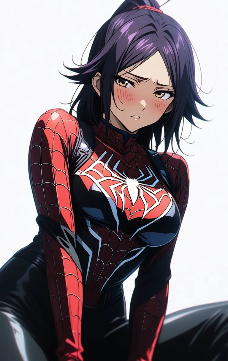 1girl,BREAK source_anime, Yoruichi Shihouin from Bleach, purple hair,
spiderman suit ,spiderman logo, seductive,gorgeous,stunning,simple background,white background,blush,high resolution textures,cinematic,extremely detailed  <lora:Spiderman_Suit:0.7>