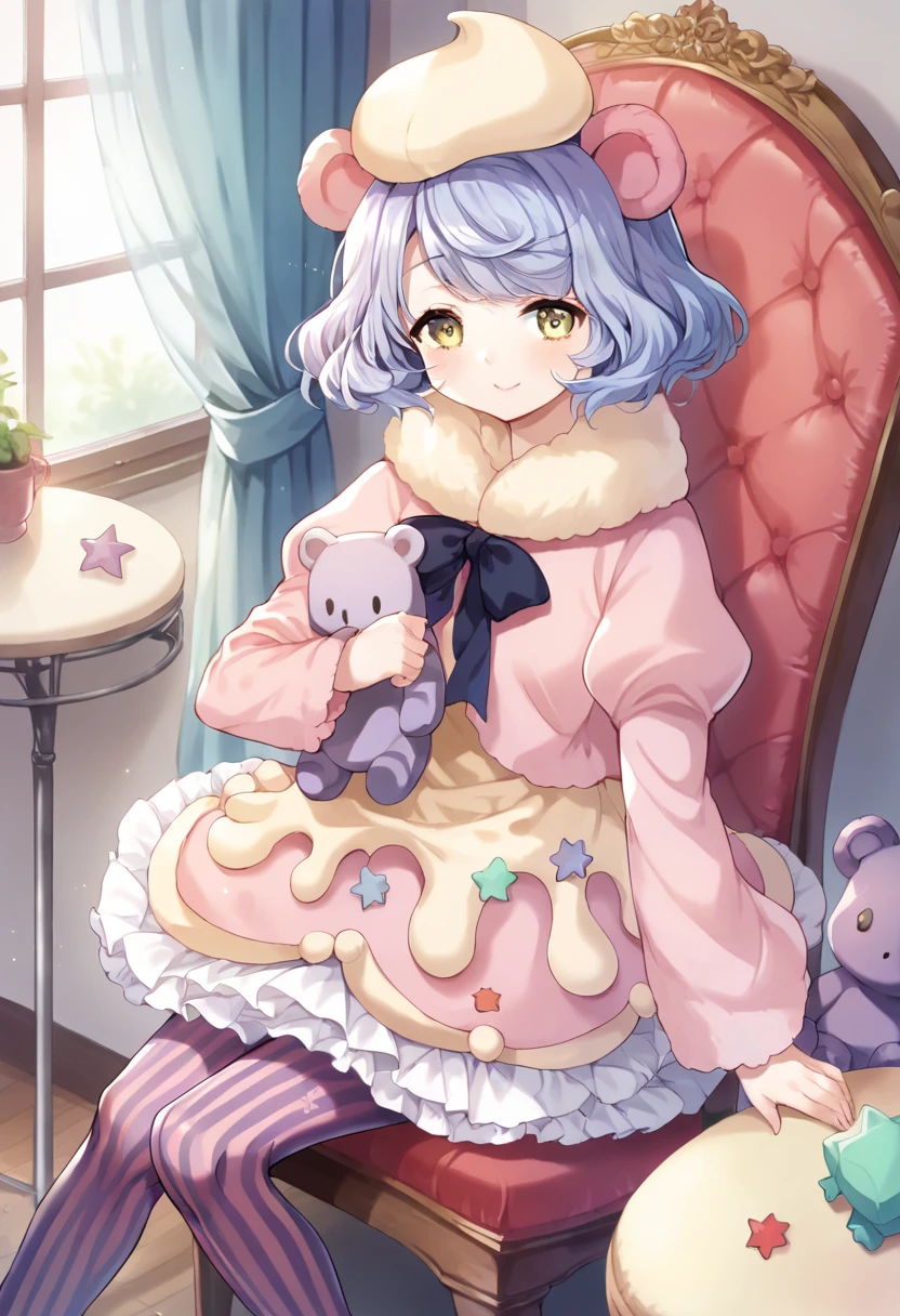 score_9,score_8_up,score_7_up,source_anime,masterpiece,best quality,game cg,1girl,solo,little_girl,creamteddy_(show_by_rock!!),hat,short hair,animal ears,blue hair,purple hair,yellow eyes,bear ears,pink tail,dress,long sleeves,puffy sleeves,bow,fur trim,striped pantyhose,white skirt,<lora:creamteddySB69:1>,bedroom,looking_at_viewer,smile,sitting_on_chair,stuffed toy,teddy bear,stuffed animal,holding_stuffed_toy,