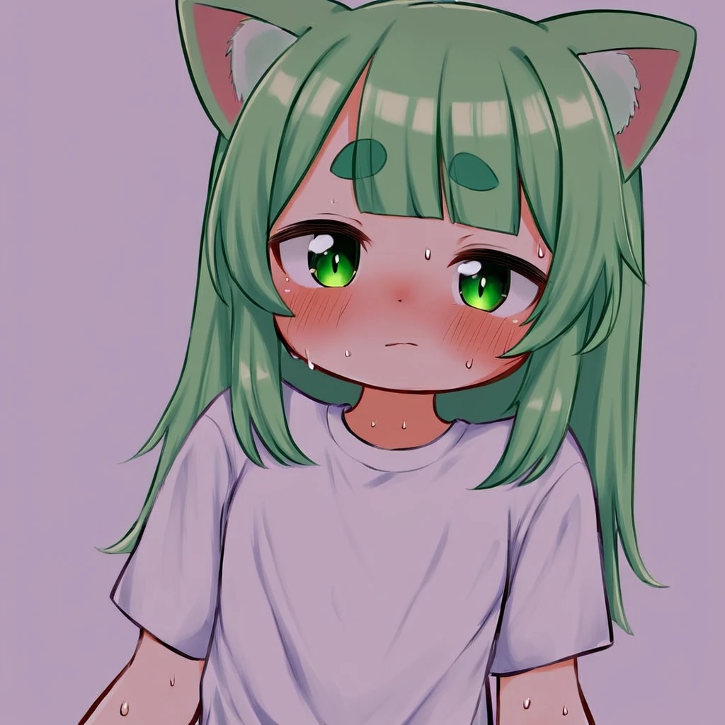 animal ears, bangs, blush, cat ears, closed mouth, eyebrows visible through hair, green eyes, green hair, long hair, looking at viewer, shirt, short sleeves, simple background, solo, sweat, plain t-shirt, thick eyebrows, upper body, virtual youtuber, white background, white shirt, <lora:unkmpt:1>