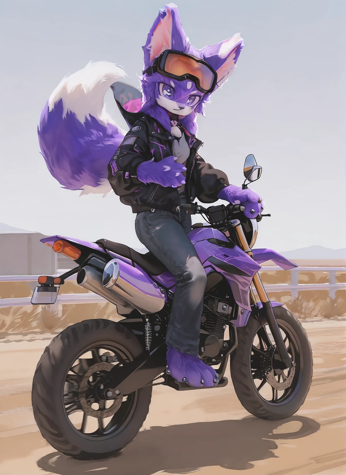 score_9,score_8_up,score_7_up,best quality,amazing quality,very aesthetic,absurdres,official art,intricate details,hyperdetailed,BRAKE,
(furry:1.05),solo,furry fox,furry female,purple and white fur,furry paws,wind jacket,black jeans,riding a motorcycle,holding a helmet,goggles,day,country road,furry ears,half fur suit,realistic,solo,full body,<lora:HalfFurSuitXLLora:0.85>,