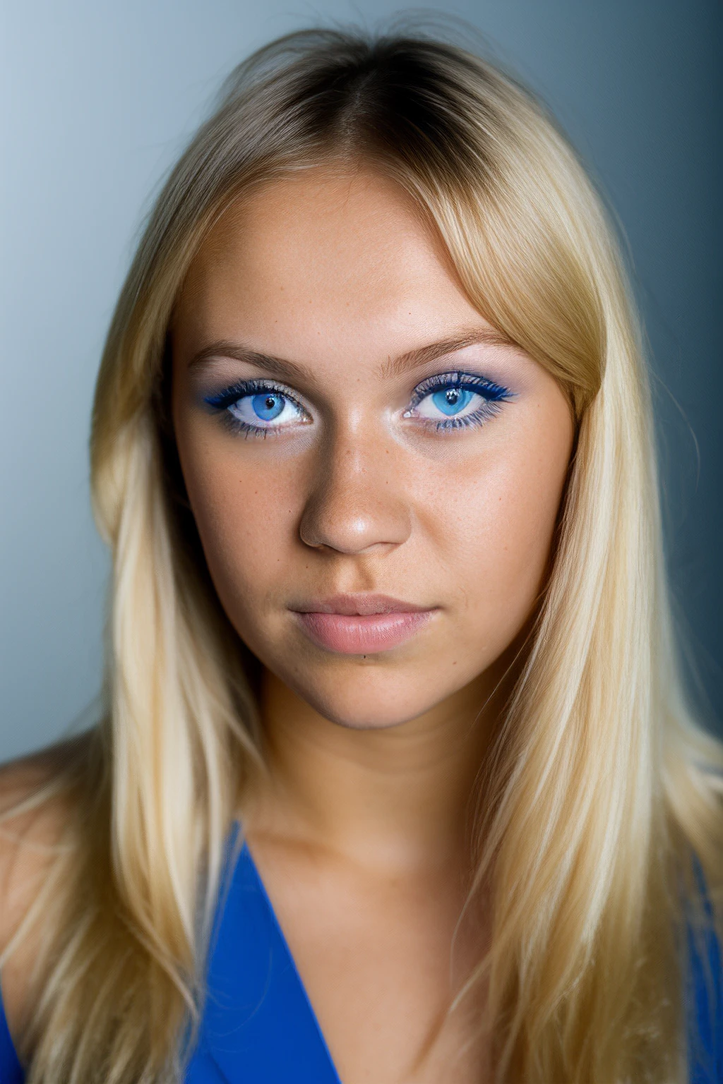 portrait, rim lighting, venusbody, agnetha, floral dress, platinum blonde hair, makeup,  lips, blue eyes, dark background, long hair, ((lip gloss)), (((wavy hair))), eyeliner, <ffacedetail>,8k, film grain, traditional media, sharp focus,  true to life, 1girl, solo <skinhairdetail>, face focus, parted lips, open outh looking at viewer, <as_youngv2>