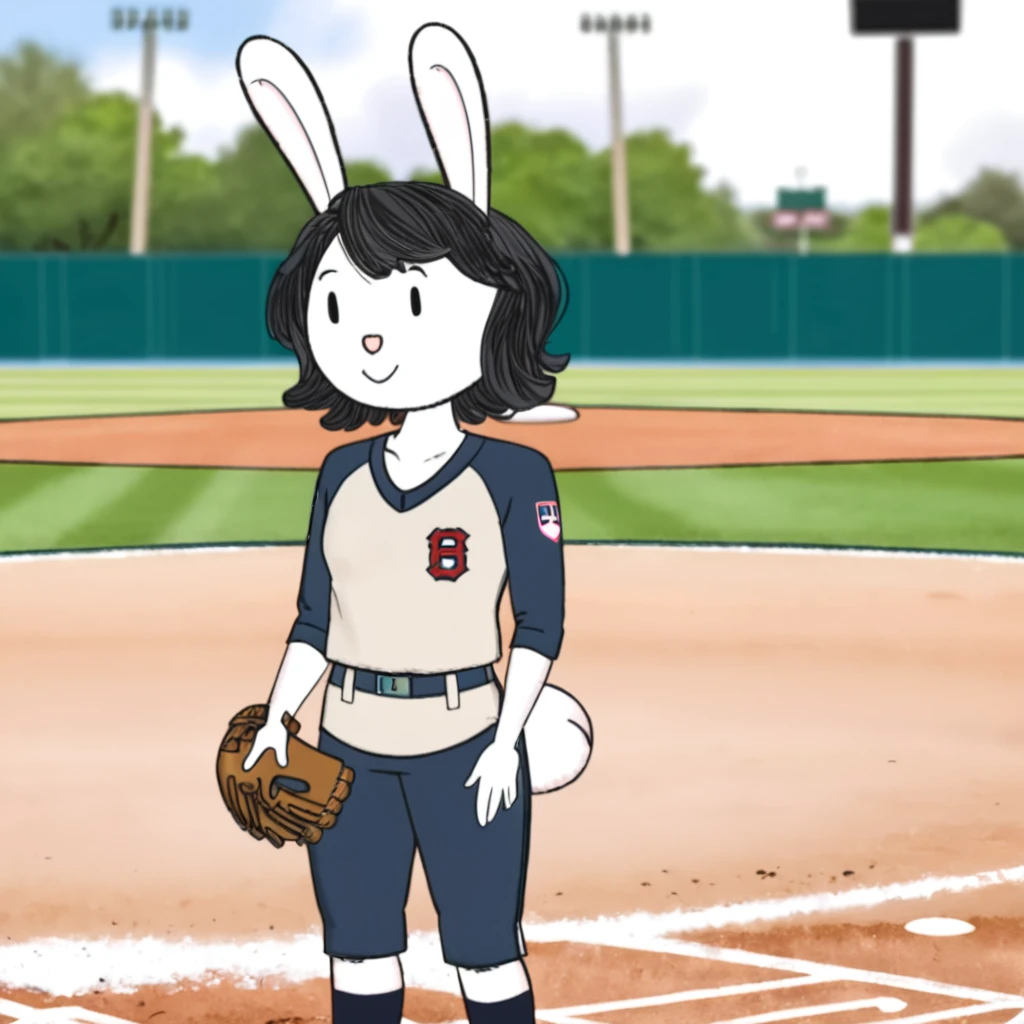 _r4b_, woman, standing, outdoors, baseball field, day, bokeh, athletic wear, baseball jersey, baseball mitt <lora:SDXL_r4b_:1>