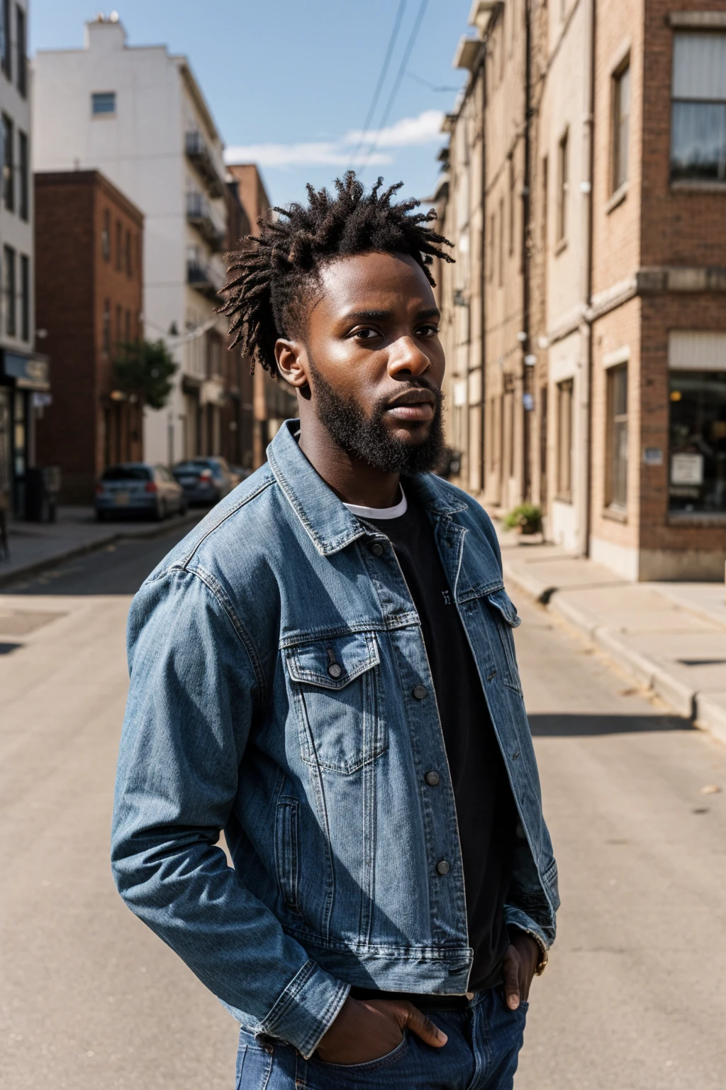 RAW photo of young african man standing on a city street, looking to the side, wearing a denim jacket with a serious expression, short curly hair and a well-groomed beard, detailed skin, background includes buildings and power lines with a slightly blurred effect sunny day giving a warm natural light to the scene urban environment <lora:General-Design\add_detail:0.7>
