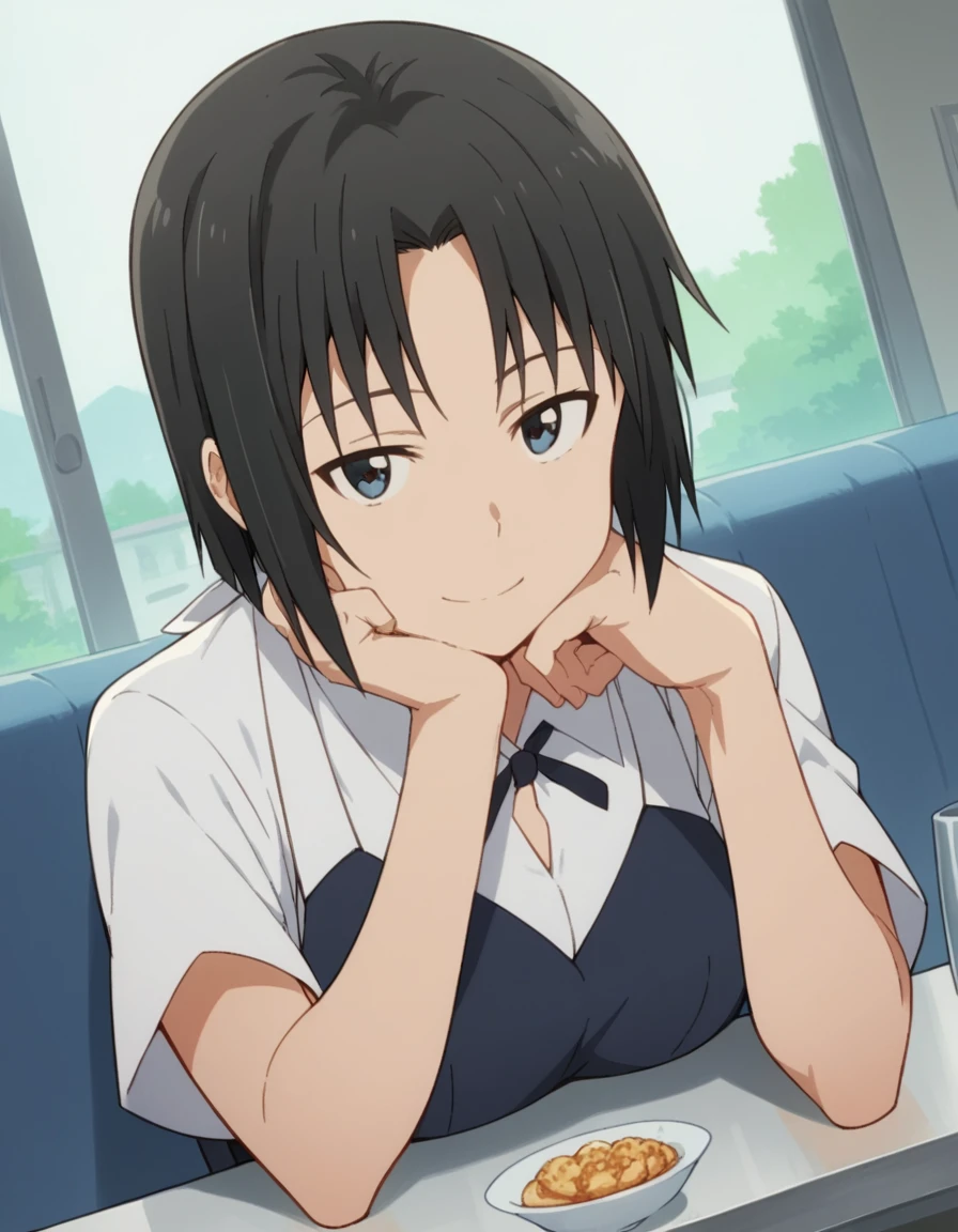 score_9, score_8_up, score_7_up, source_anime, <lora:kyouko-shirafuji-s2-ponyxl-lora-nochekaiser:1>, kyouko shirafuji, short hair, black hair, black eyes,, apron, waitress,, indoors, smile, looking at viewer, solo, sitting, head rest, table,, cowboy shot, dutch angle