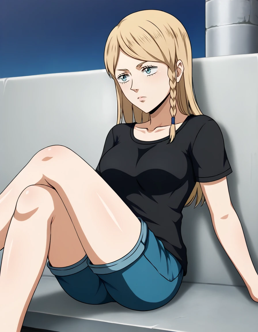 <lora:Charlotte Roselei:0.85>, charlotte roselei, sitting, legs crossed, shorts, tshirt