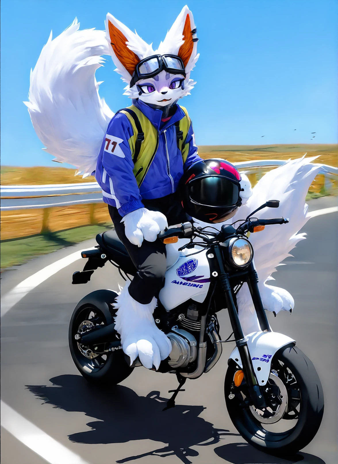 score_9,score_8_up,score_7_up,best quality,amazing quality,very aesthetic,absurdres,official art,intricate details,hyperdetailed,BRAKE,
(furry:1.05),solo,furry fox,furry female,purple and white fur,furry paws,wind jacket,black jeans,riding a motorcycle,holding a helmet,goggles,day,country road,furry ears,half fur suit,realistic,solo,full body,<lora:HalfFurSuitXLLora:0.85>,