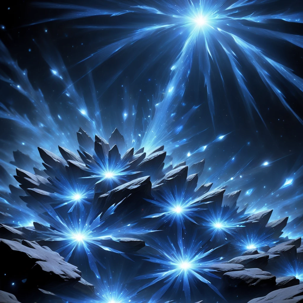 rock, simple background, blue, flower, blue lights, magic, fireworks, lights, blurry, star (sky), outdoors, blue flower, cloud, mountain, night, glowing, sky, space, black background, universe, light, stars, still life, scenery, fantasy, dark, light particles, crystal, aerial fireworks