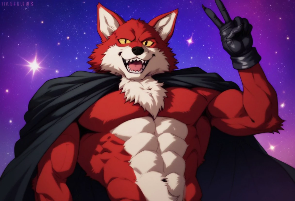 score_9, score_8_up, score_7_up, solo 1boy, Expressiveh, BasilDBS, yellow sclera, red body, red fur, wolf, tail, black scarf muffler, black gloves, black nose, wolf ears, sharp teeth, fangs, furry, anthro), purple background, space, stars, peace sign, smile, closed mouth, looking at viewer, cowboy shot, featureless crotch, detailed background, 4k, masterpiece, best quality, highly detailed, realistic