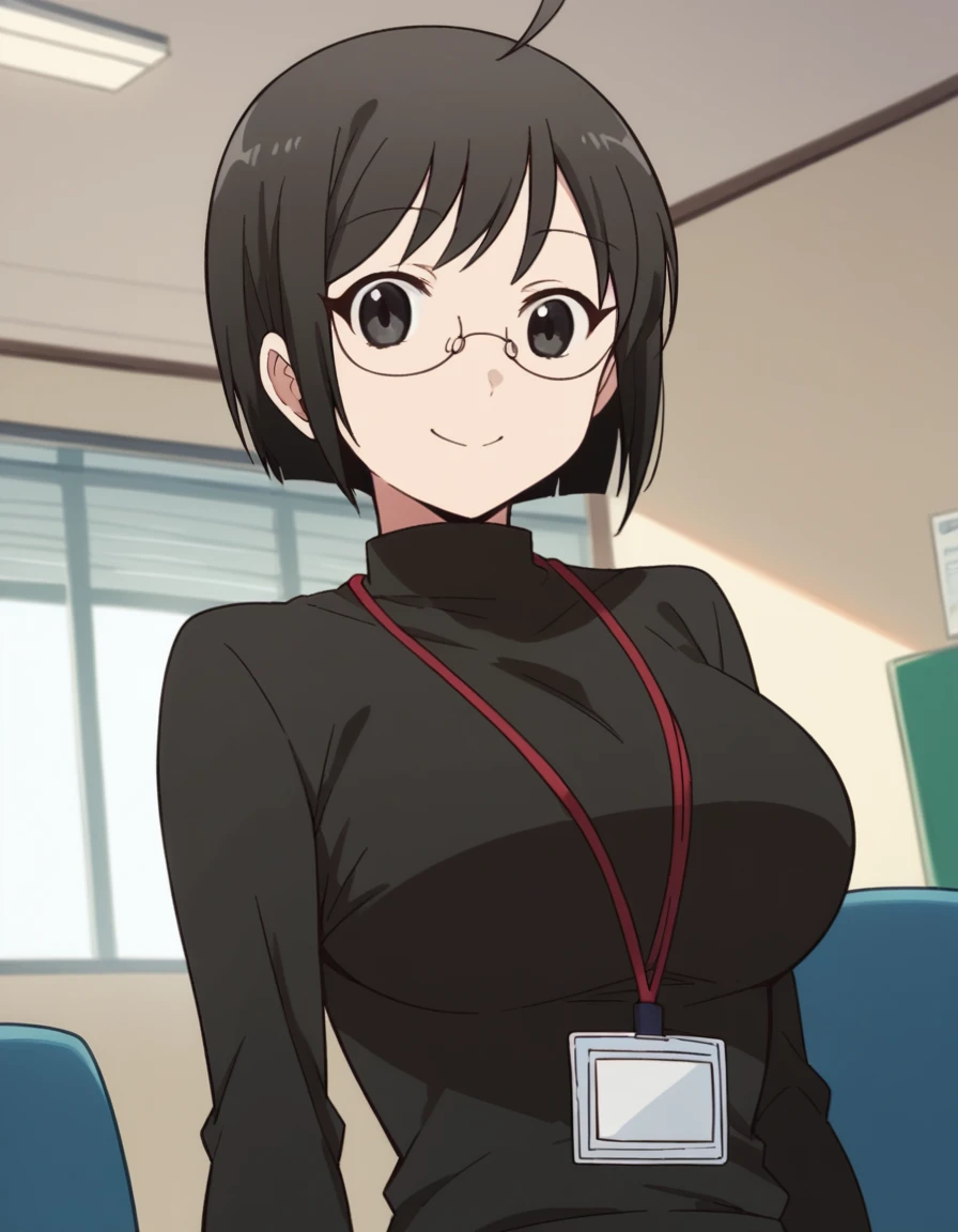 score_9, score_8_up, score_7_up, source_anime, <lora:lucy-yamagami-s1-ponyxl-lora-nochekaiser:1>, lucy yamagami, short hair, black hair, black eyes, ahoge, glasses, large breasts,, pants, sweater, turtleneck, id card, lanyard,, indoors, smile, looking at viewer, solo,, cowboy shot, dutch angle