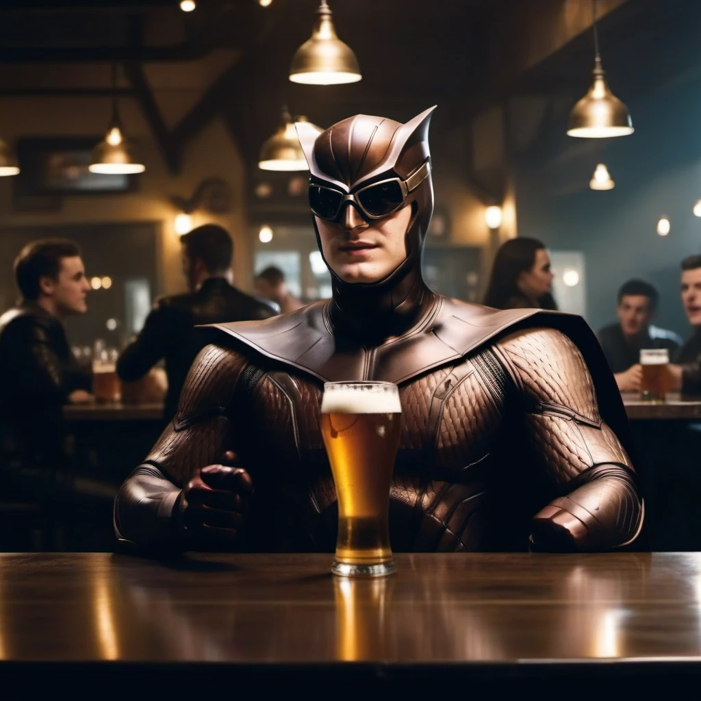 cinematic photo realistic 1boy superhero, mask, cape, having a beer in a pub   <lora:NightOwl1024-2:0.8> . 35mm photograph, film, bokeh, professional, 4k, highly detailed