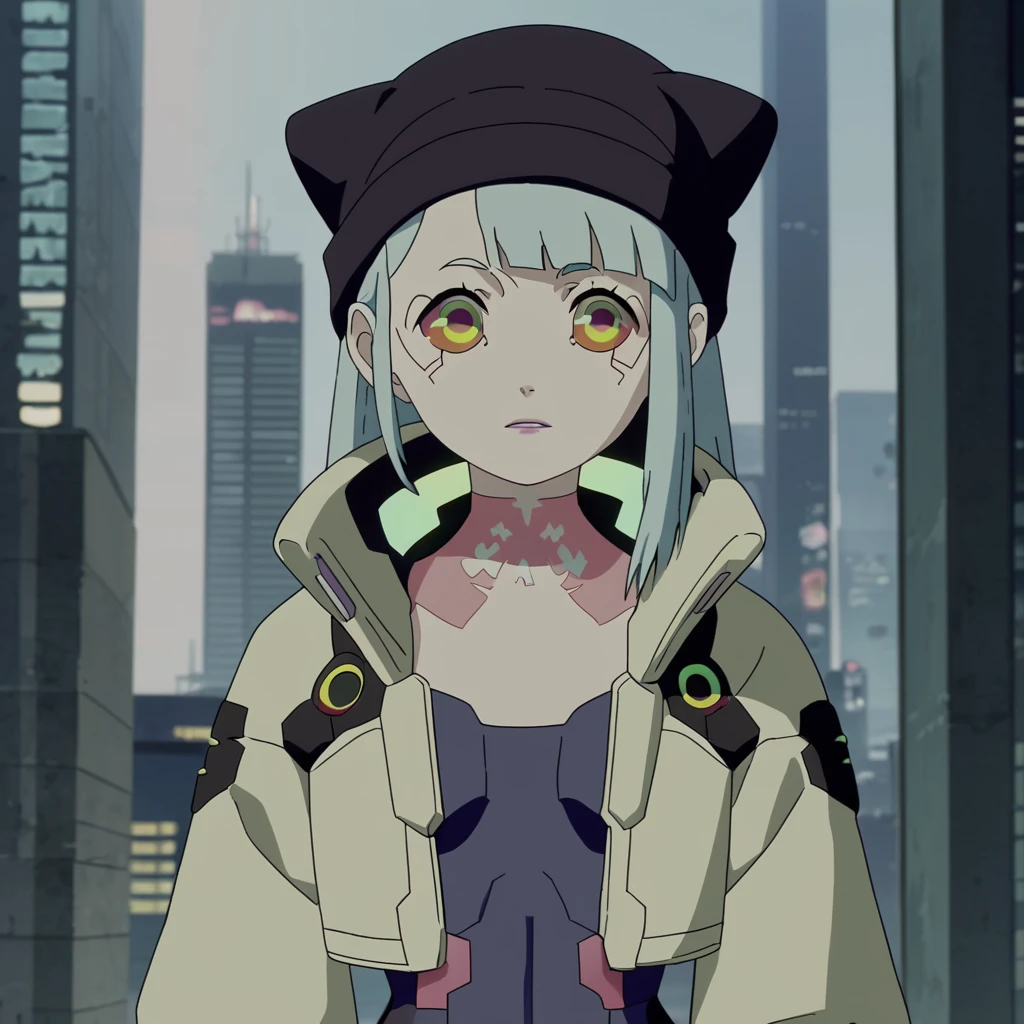 score_9, score_8_up, score_7_up,  BREAK source_anime,
 ,<lora:cyberpunk_edgerunners_style_pony_r1:0.8>,
cyberpunk, thin waist,ultra-detailed, masterpiece, high quality, cyberpunk city background, blue hair, brown eyes, beanie, choker, tattos,