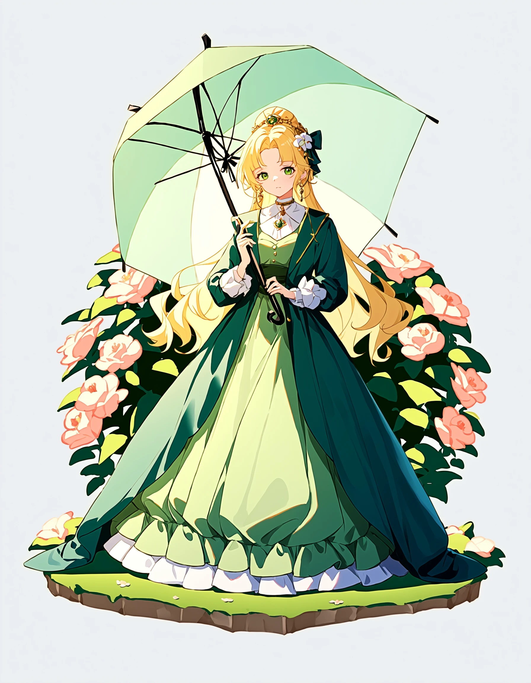 score_9, score_8_up, score_7_up, score_6_up, score_5_up, score_4_up, audreyhall, lotm, 1girl, simple art illustration, hair ornament, hair white flower, garden, gren gemstone, green dress, full body, holding umbrella, pink flowers, looking_at_viewer, blonde hair, rating_safe