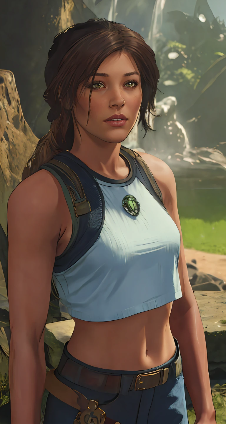 outside,evening,Lara Croft looking heroic,highly detailed tank top,hands on hips,(expressionless:1.3),highly detailed character design,cinematic lighting,detailed backgrounds,4k resolution,masterpiece digital art,
BREAK
professional model,cartoon,hires,4k,((masterpiece)),(best quality),perfect anatomy,highly detailed hair,highly detailed face,(highly detailed eyes:1.3),(good hands:1.3),detailed teeth,detailed mouth,
BREAK
score_9,score_8_up,score_7_up,score_6_up,score_5_up,score_4_up,
BREAK
looking at viewer,(eye_level_shot:1.5),
BREAK
(1girl:1.4),natural light,octane render,highly detailed,volumetric,<lora:a LC - 75by20:1>,LC_Gamer,midriff,