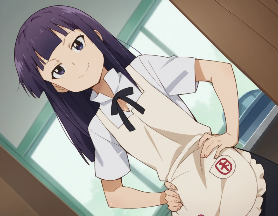 [anime styled]],[[digitalart]],1girl,solo,(portrait),Tomomi_saikyou,black hair,Short hair,bob cut,hair ribbon,midium build,1girl in,short torso,anime screen cap,cel shading,smile, blush,(strong light),((brighten the subject)),classroom,(chair),(sitting),white shirt,,short sleeves,summer uniform,((upskirt)),((skirt lift)),(tucking up the skirt),(white panties)