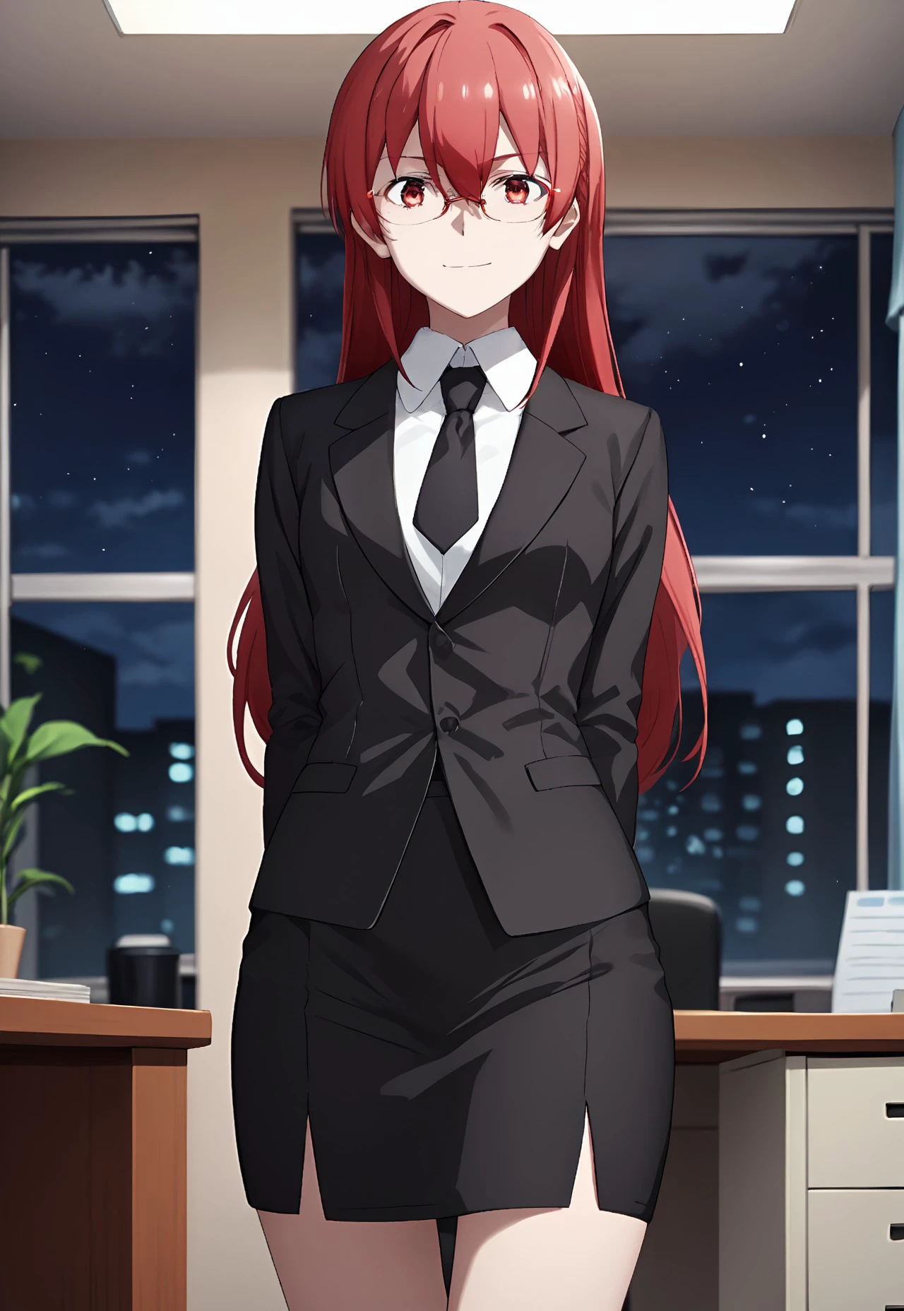 score_9, score_8_up, score_7_up, source_anime, looking at viewer, depth of field, 1girl, 18 year old, solo,, tsukasa_yuzaki, red hair, red eyes, long hair, hair between eyes, bangs, office room, night, light smile, eyeglasses, red eyeframe, black tuxedo, black necktie, black skirts, arms on behind back, tigh, full body shot, straightened up, from middle,