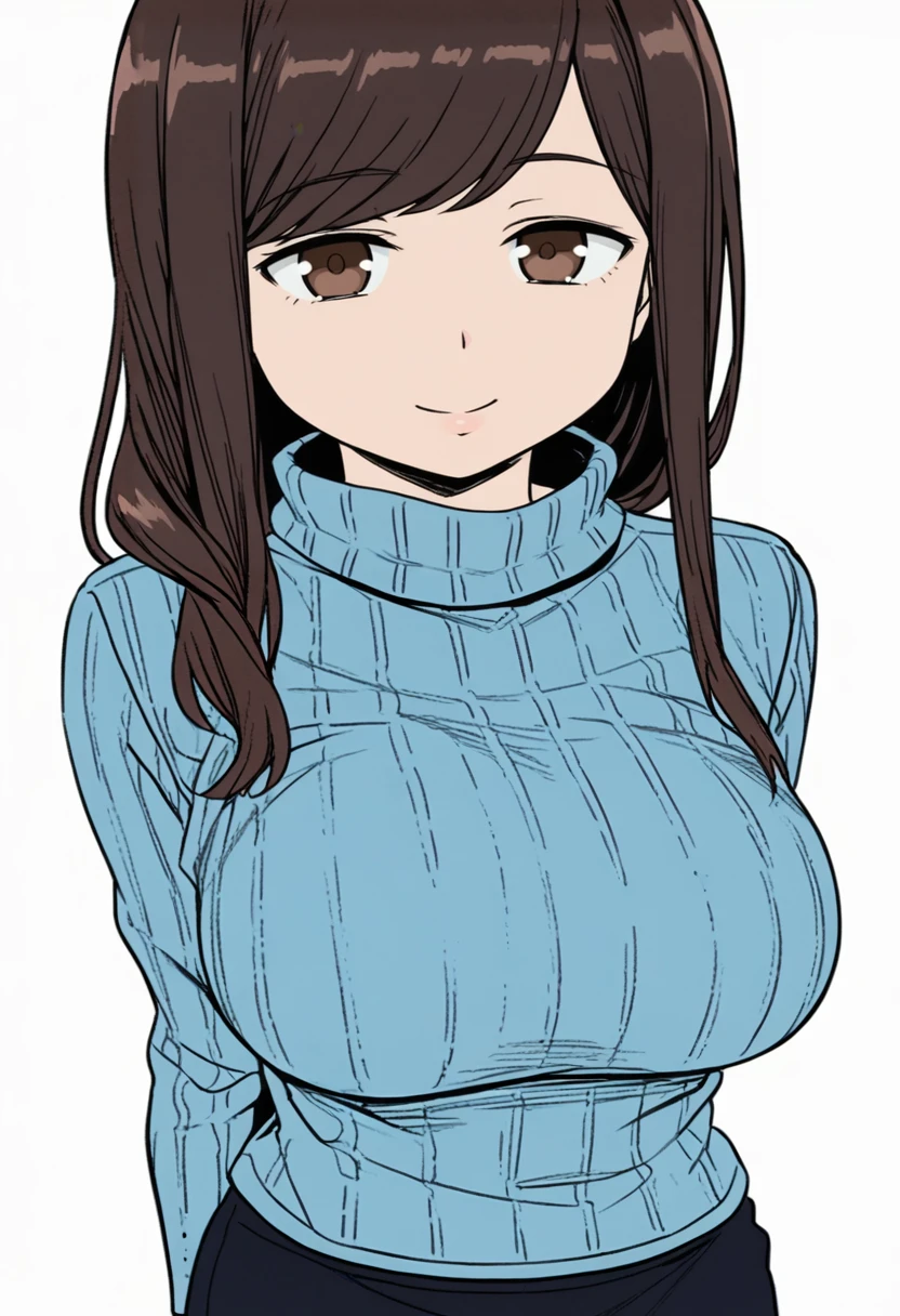 1girl, solo, <lora:Hokuro - Tawawa on Monday-000004:1>, H0kur0Chn, breasts, brown eyes, brown hair, swept bangs, long hair, official alternate hairstyle, large breasts, blue sweater, turtleneck sweater, ribbed sweater, black pencil skirt, cowboy shot, looking at viewer, arms behind back, smile, standing, white background, simple background,