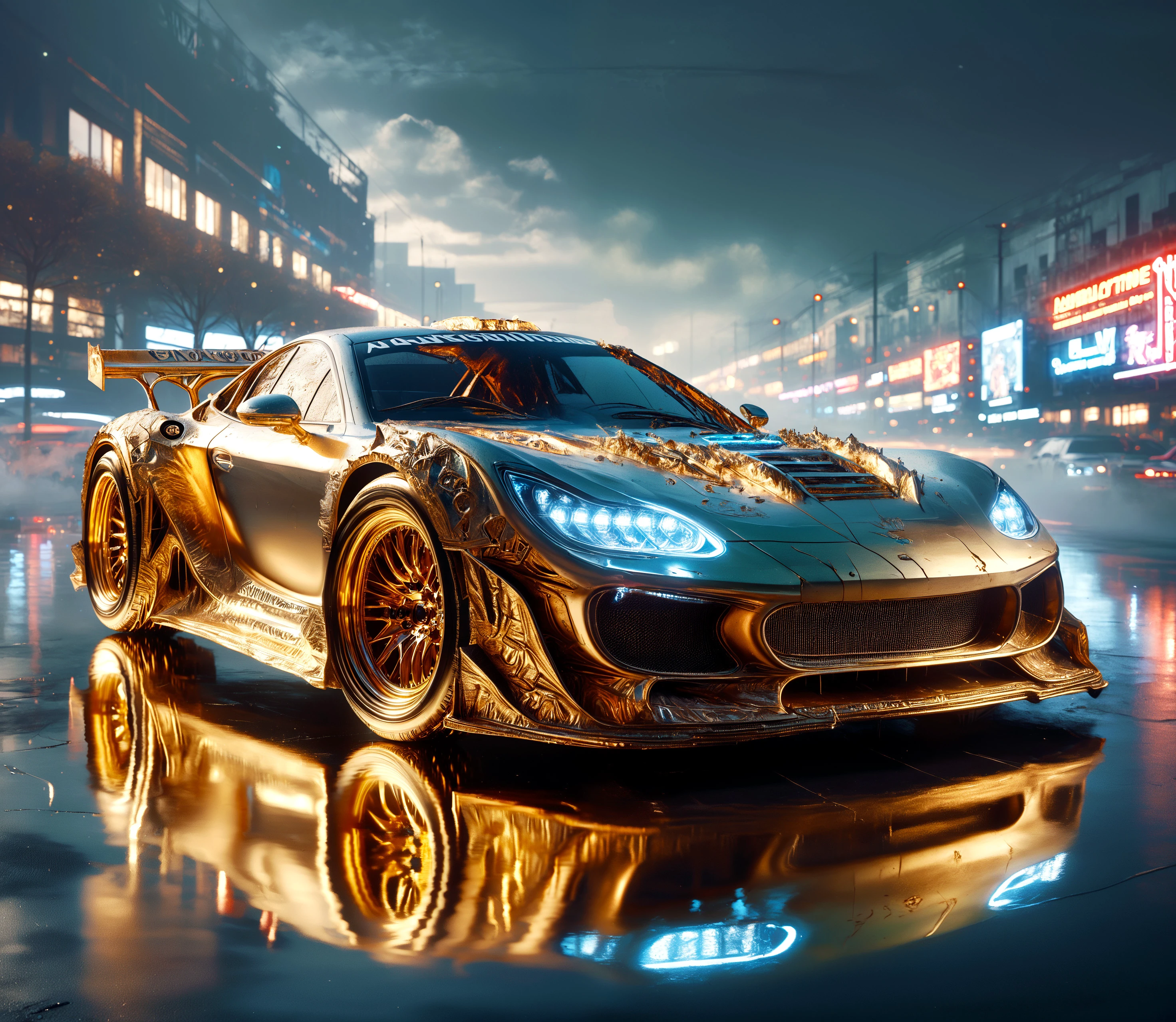 score_9, score_8_up, score_7_up,

60ld, a flat race car with rear spoiler is made entirely of gold, 

(reflection:1.1), iced ground, underbody red neon glow, vapor wave, city skyline,